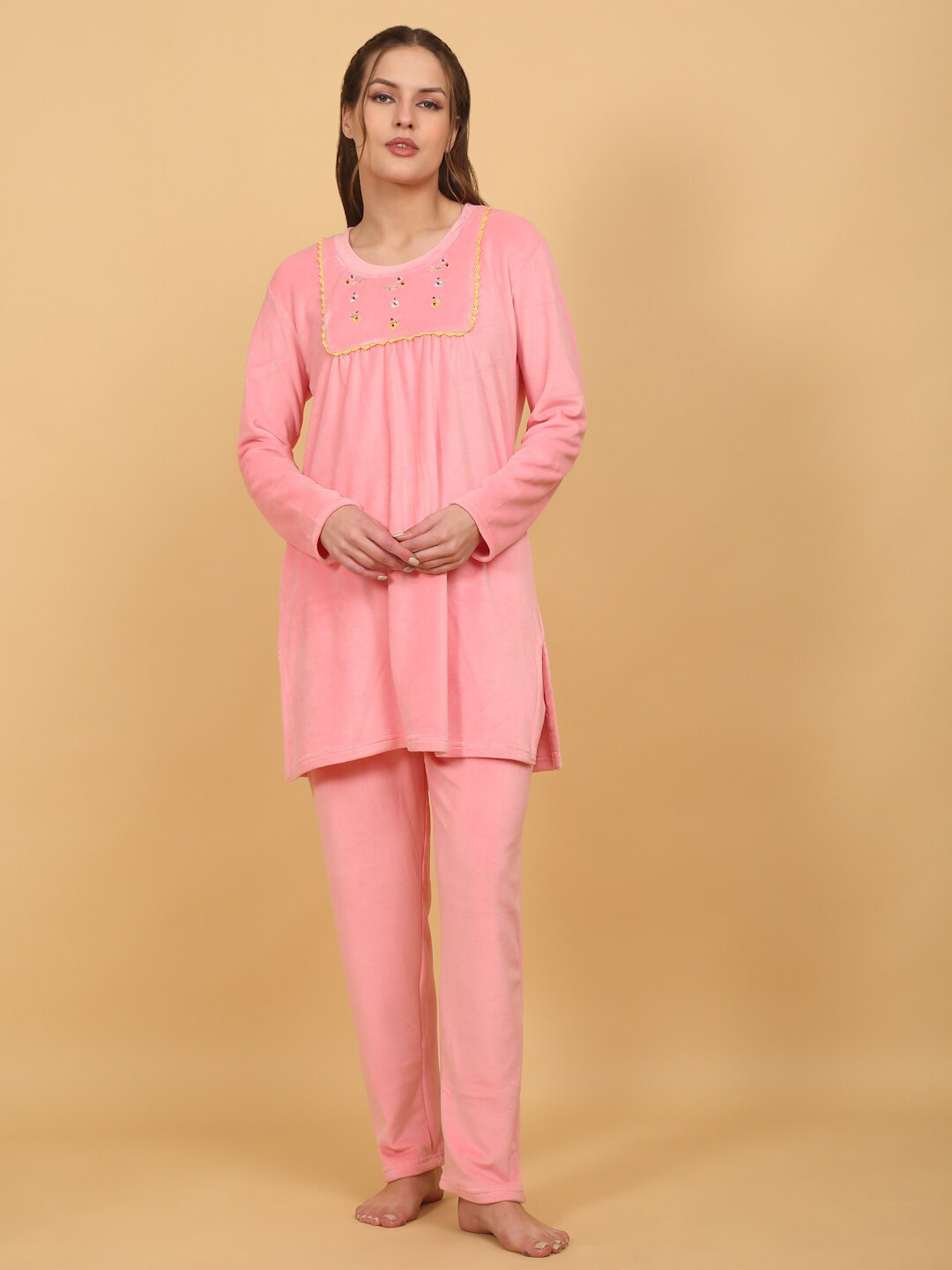 

She N She Floral Embroidered Round Neck Night suit, Peach