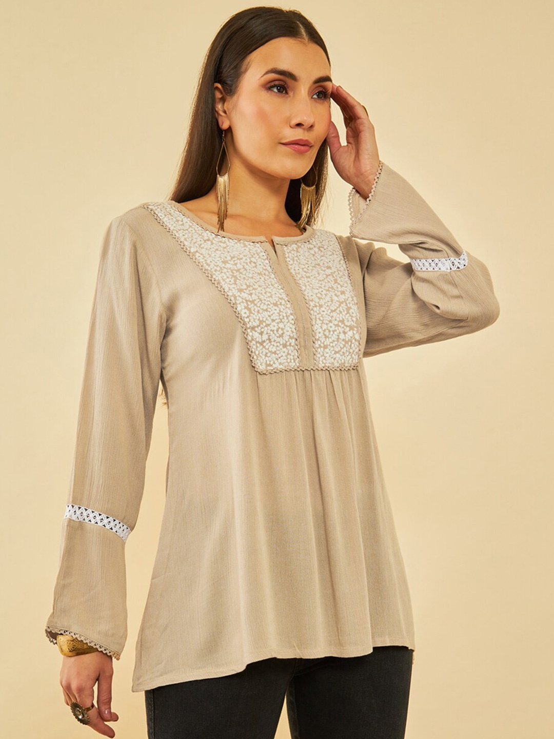 

Soch Beige Floral Embroidered Crepe Tunics