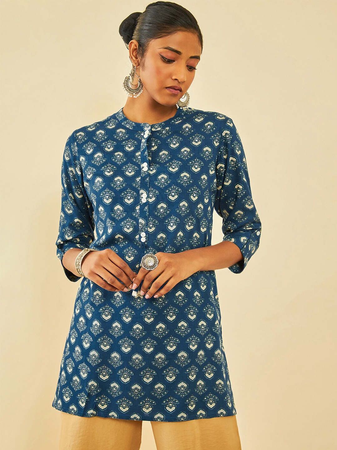 

Soch Ethnic Motifs Printed Mandarin Collar Mirror Work Tunic, Blue