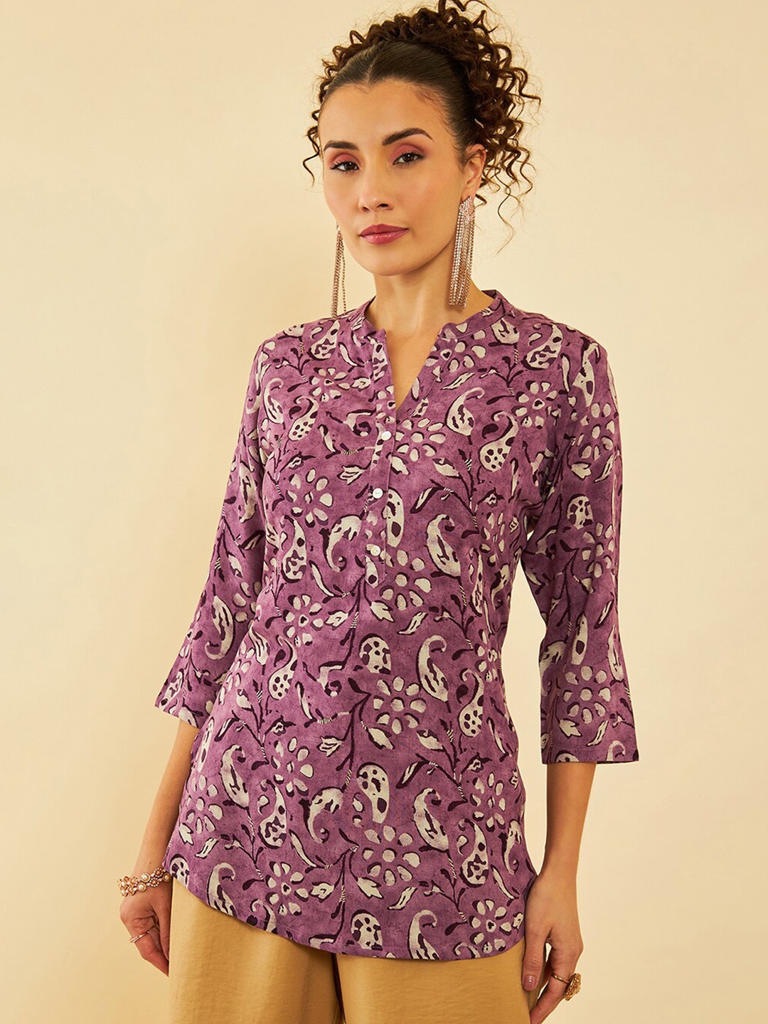 

Soch Paisley Printed Mandarin Collar Tunic, Purple