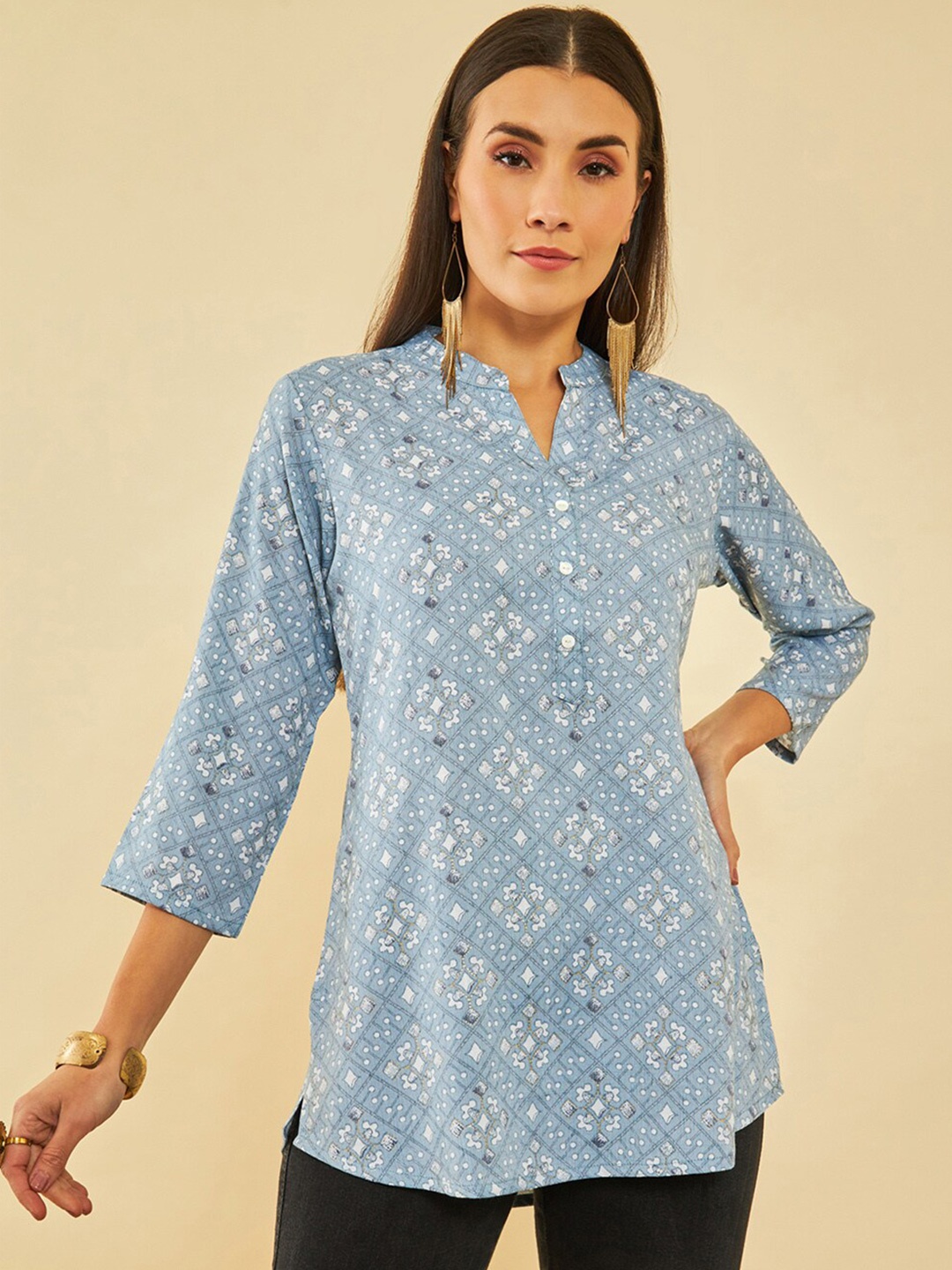 

Soch Ethnic Motifs Printed Mandarin Collar Tunic, Blue