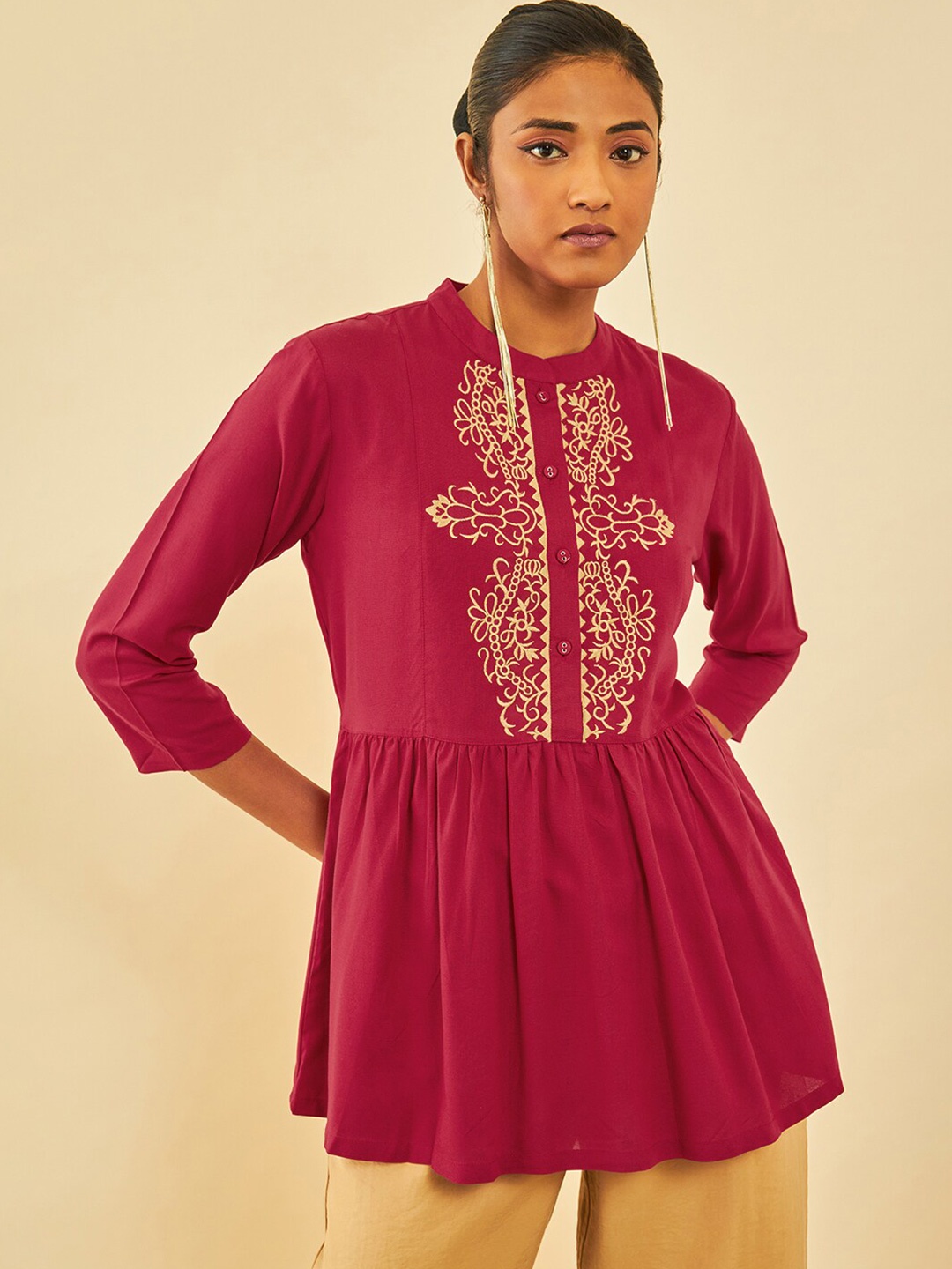 

Soch Floral Embroidered Mandarin Collar Tunic, Red