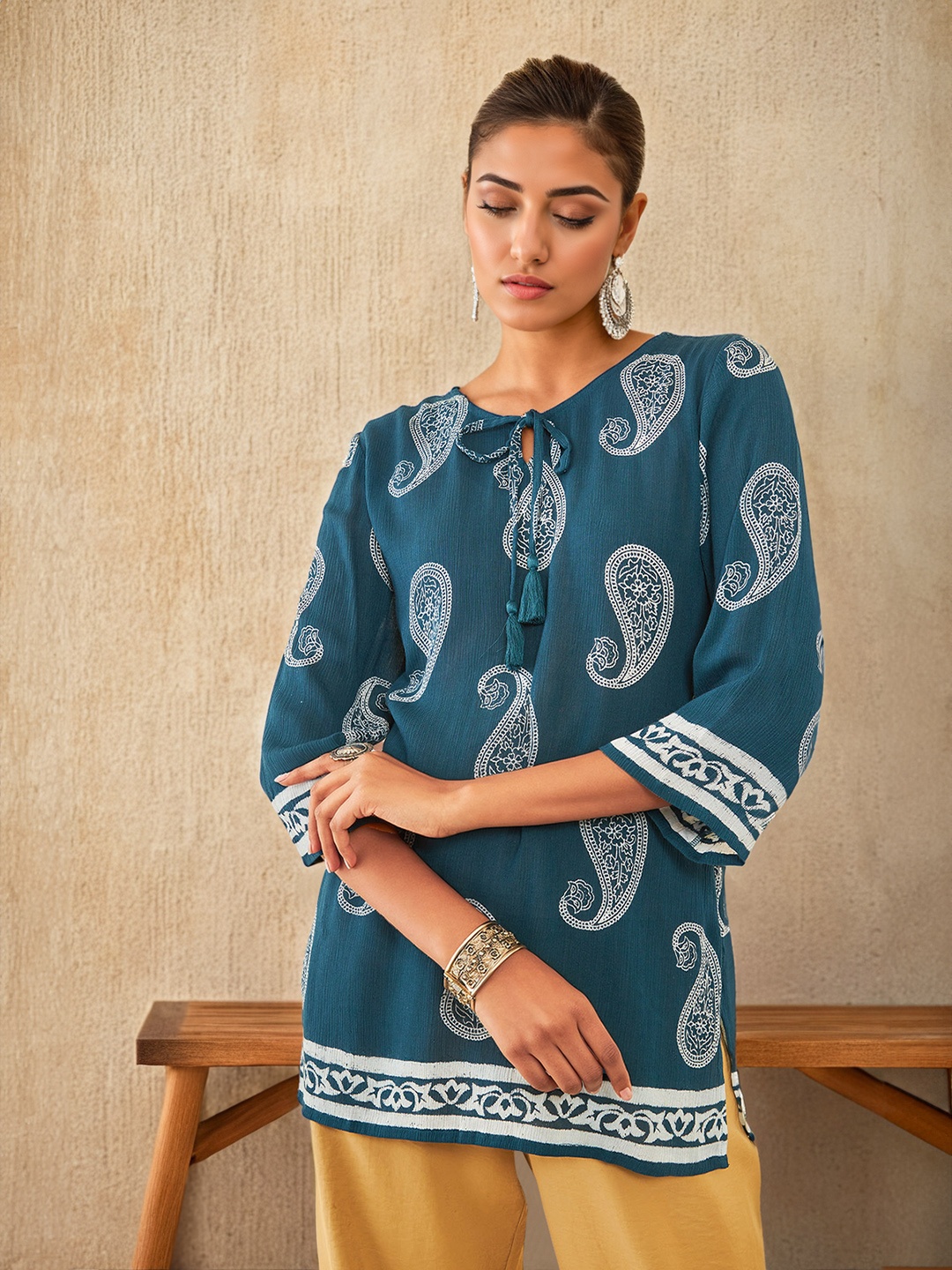 

Soch Blue Paisley Printed Keyhole Neck Crepe Tunic