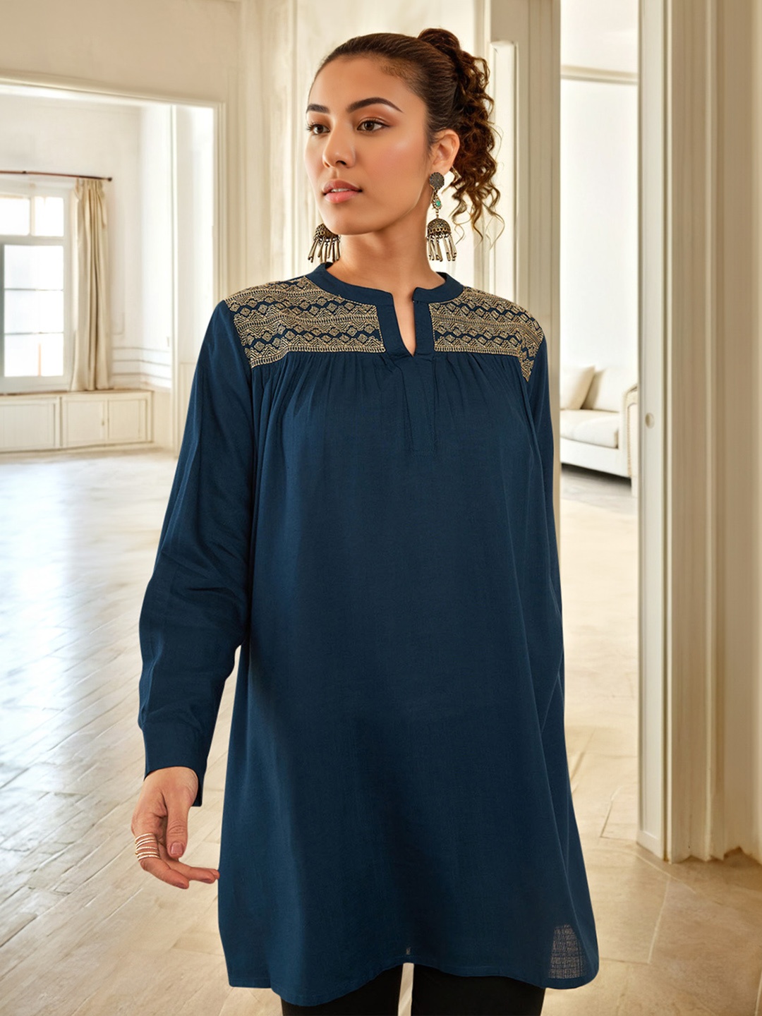 

Soch Ethnic Motifs Embroidered Mandarin Collar Tunic, Teal