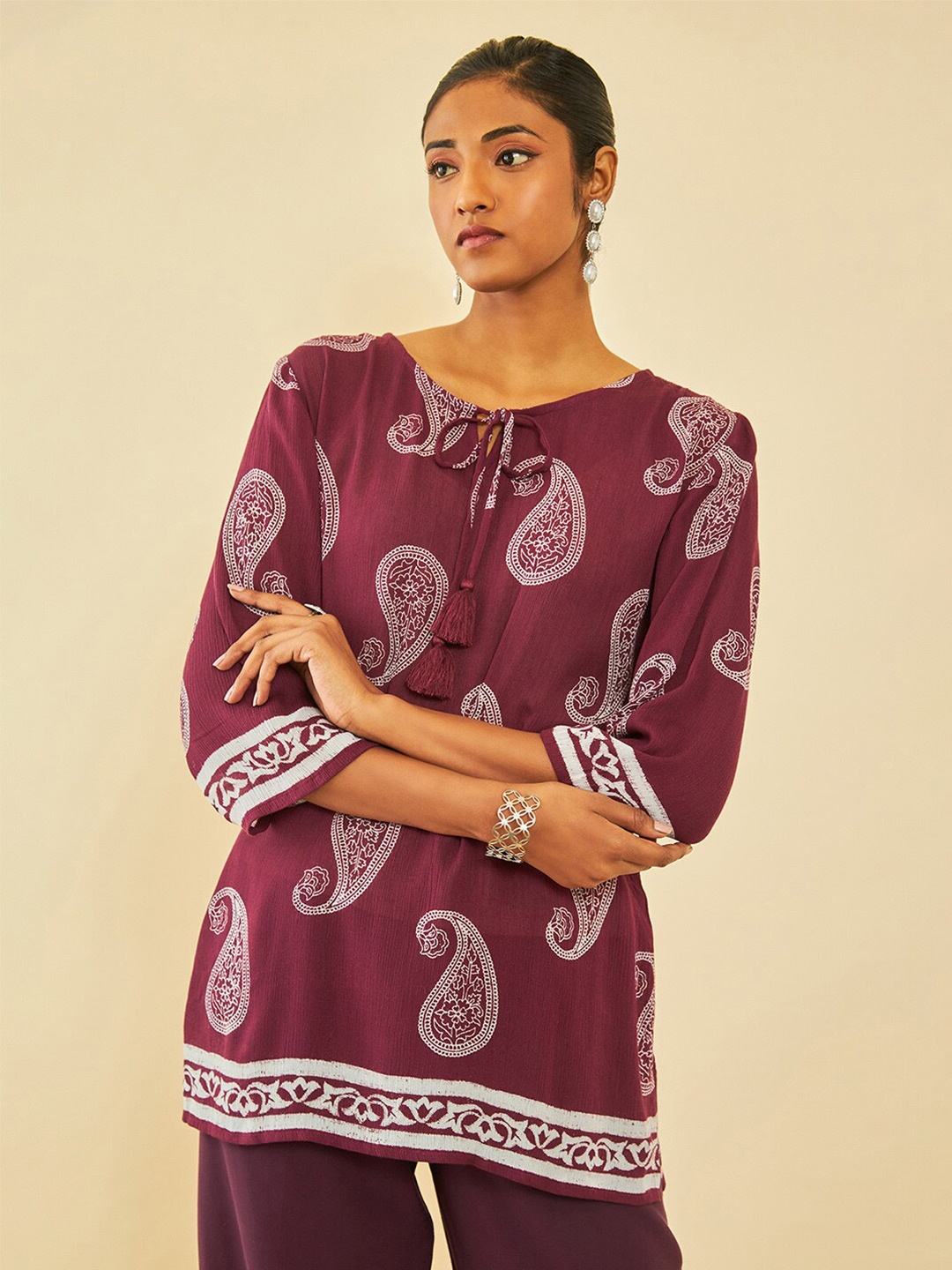 

Soch Maroon Paisley Printed Keyhole Neck Crepe Tunic