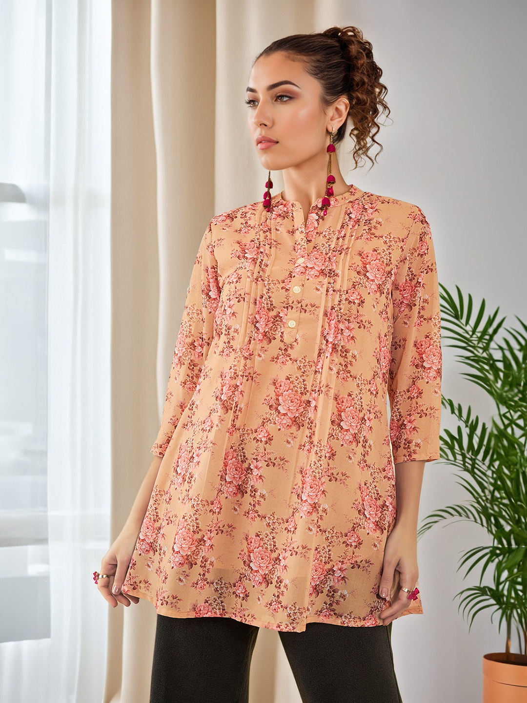 

Soch Floral Printed Mandarin Collar Georgette Tunic, Beige