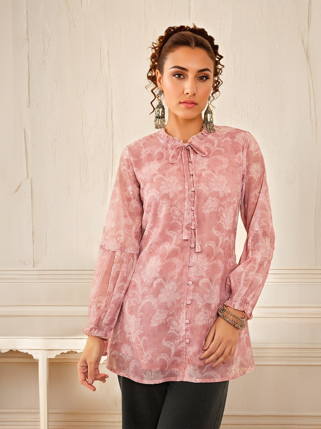

Soch Floral Printed Tie-Up Neck Georgette Tunic, Peach