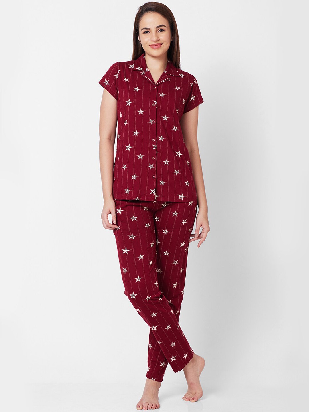 

Juliet Conversational Printed Pure Cotton Night suit, Maroon
