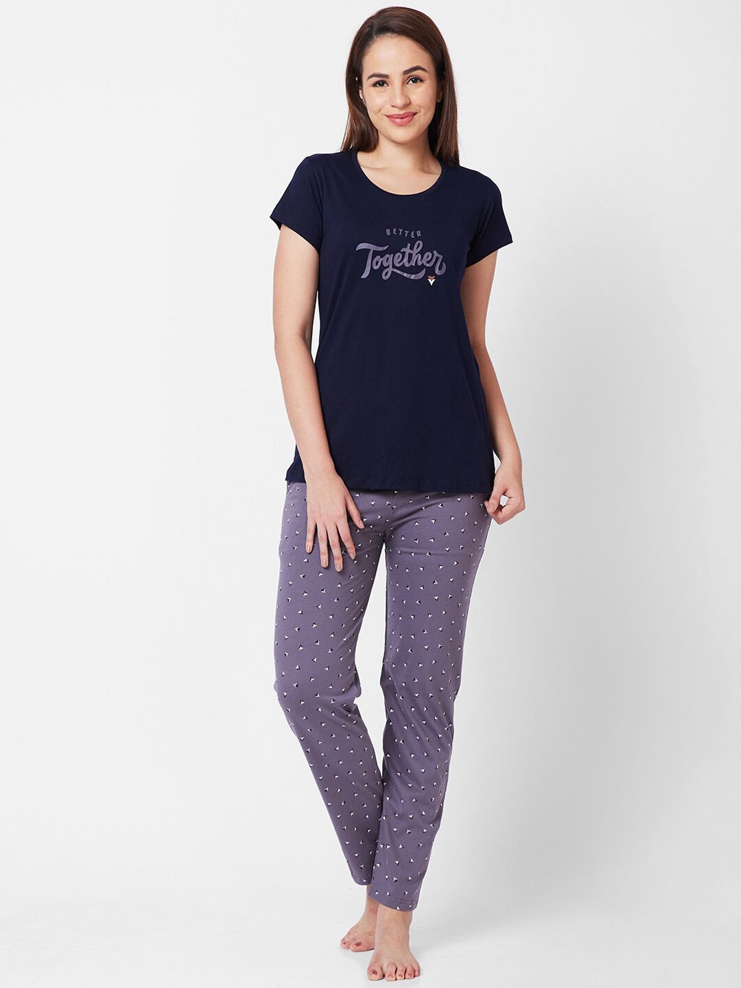 

Juliet Typography Printed Pure Cotton Night Suit, Navy blue