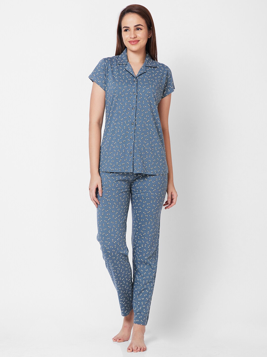 

Juliet Conversational Printed Pure Cotton Night suit, Blue