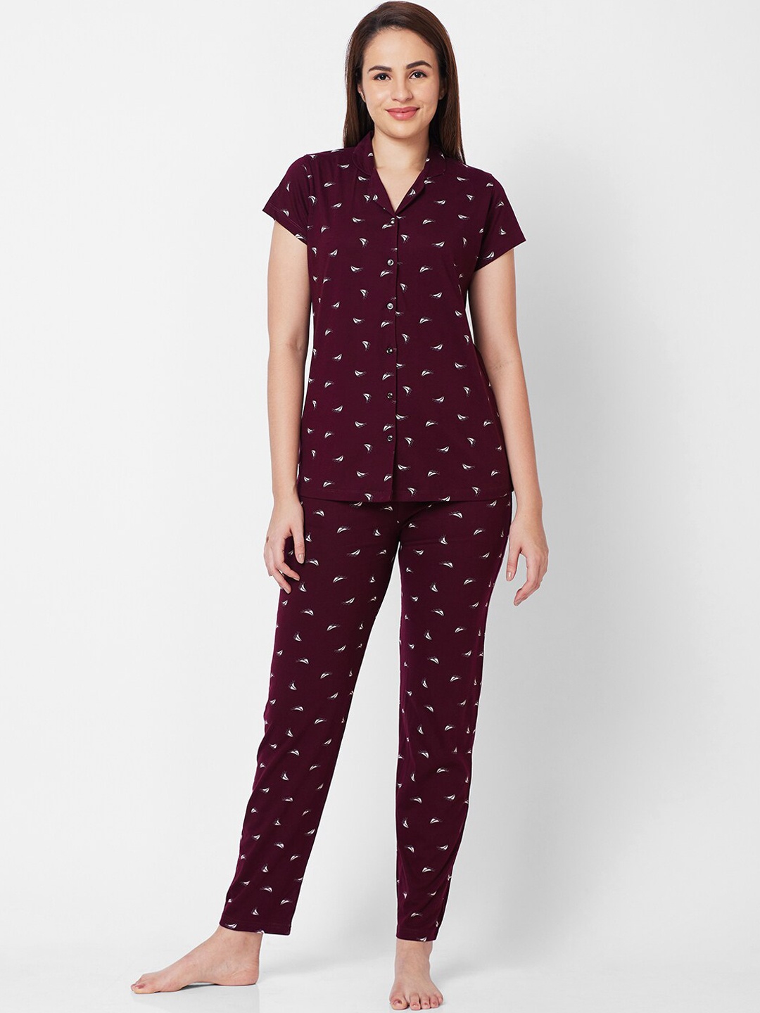 

Juliet Conversational Printed Pure Cotton Night suit, Maroon