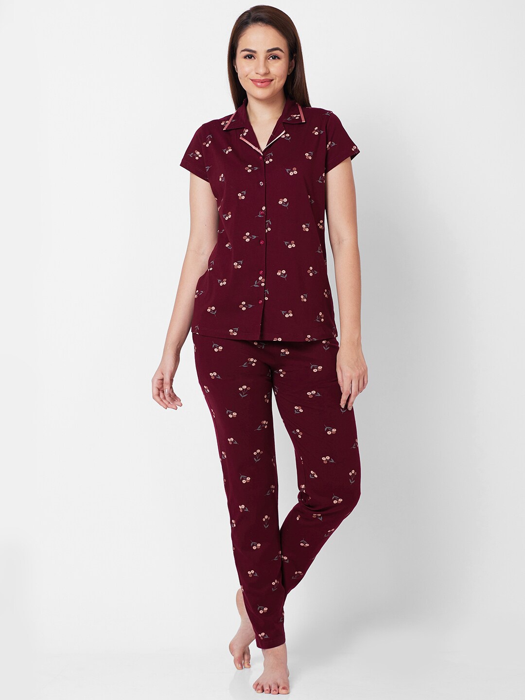 

Juliet Conversational Printed Pure Cotton Night Suit, Maroon