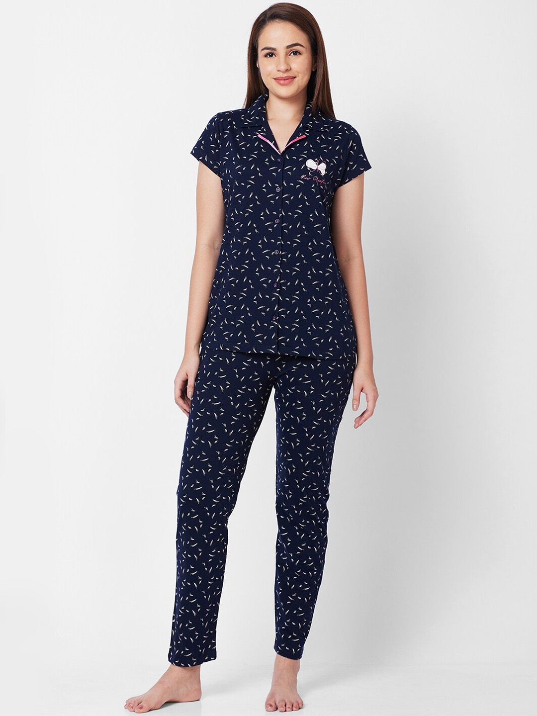 

Juliet Conversational Printed Pure Cotton Night Suit, Navy blue