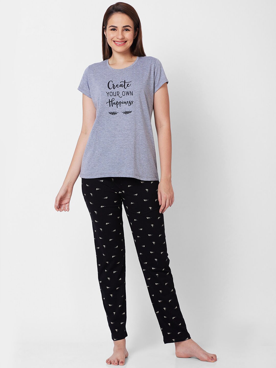 

Juliet Typography Printed Pure Cotton Night suit, Grey melange