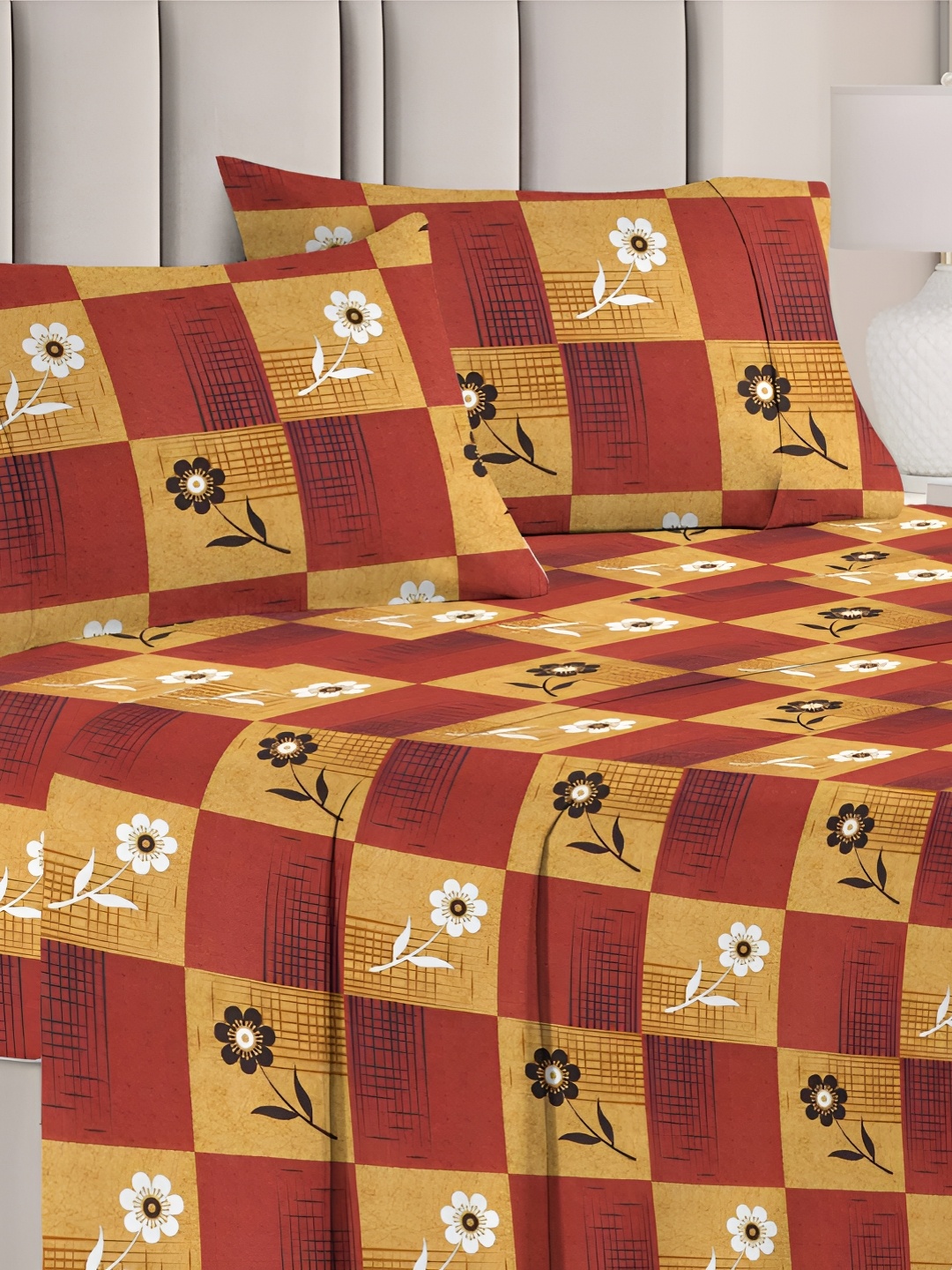 

bsb home Red & Yellow Abstract Microfiber 144 TC Queen Bedsheet with 2 Pillow Covers