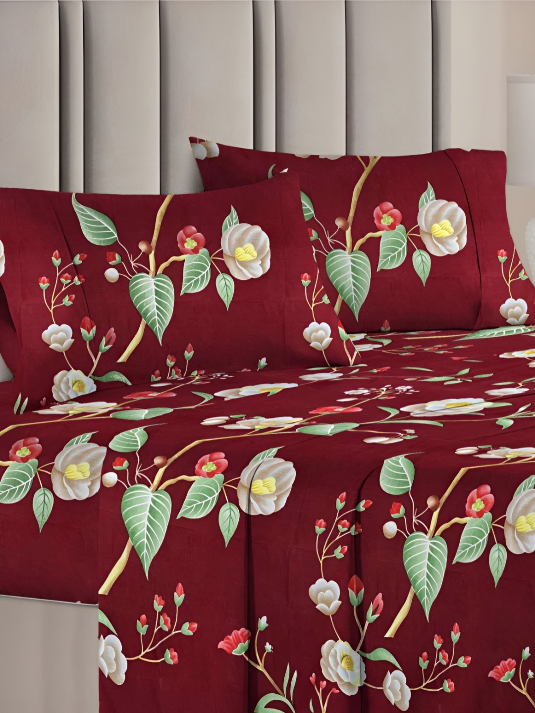 

bsb home Maroon & Green Floral Microfiber 120 TC Queen Bedsheet with 2 Pillow Covers
