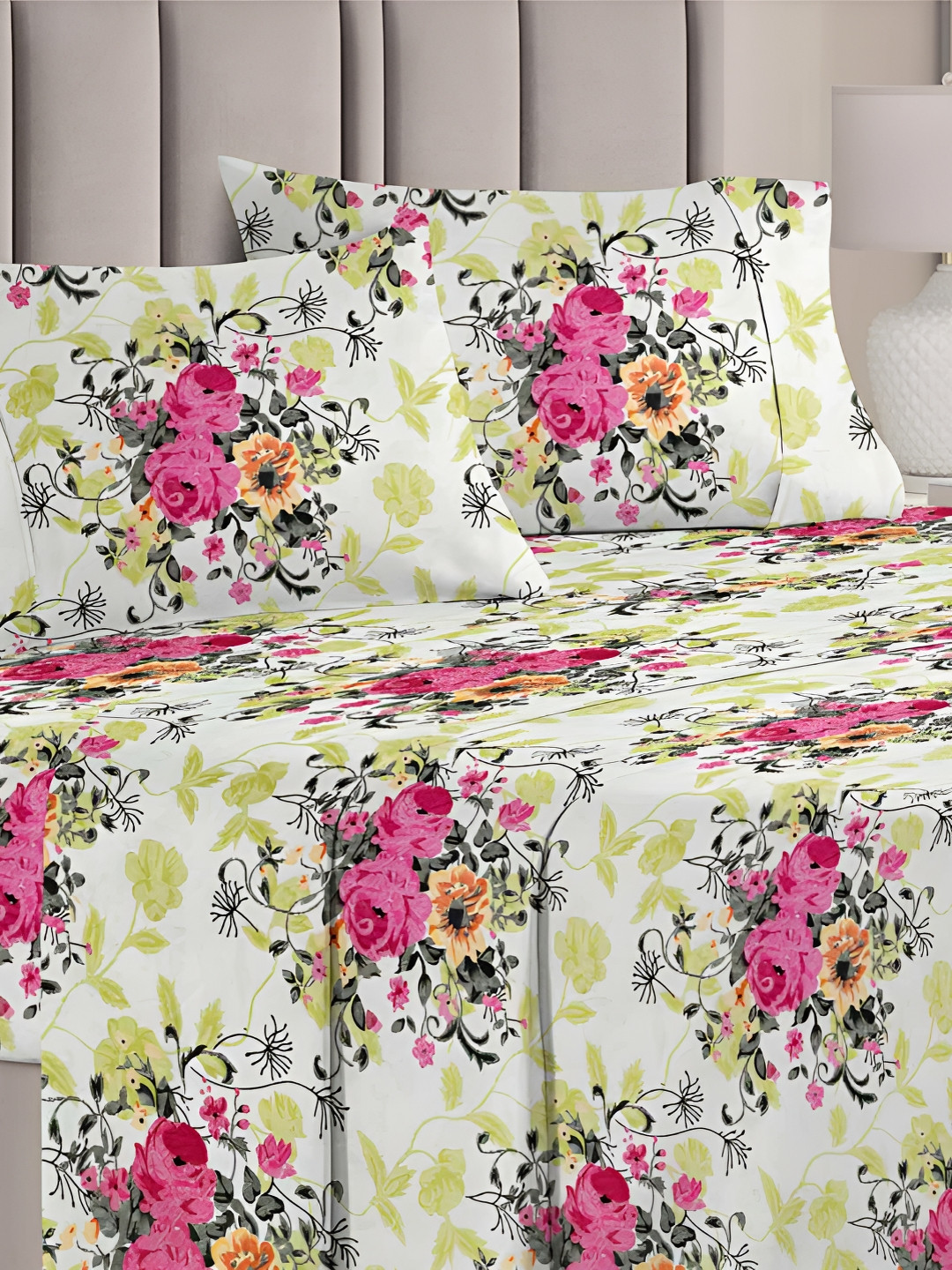 

bsb home White & Pink Floral Microfiber 120 TC Queen Bedsheet with 2 Pillow Covers