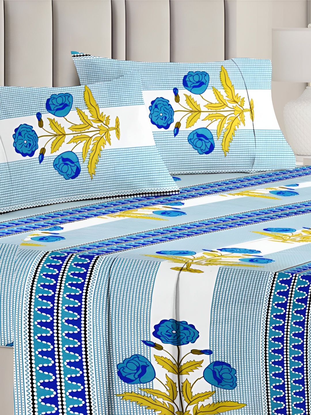 

bsb home White & Blue Floral Microfiber 120 TC Queen Bedsheet with 2 Pillow Covers