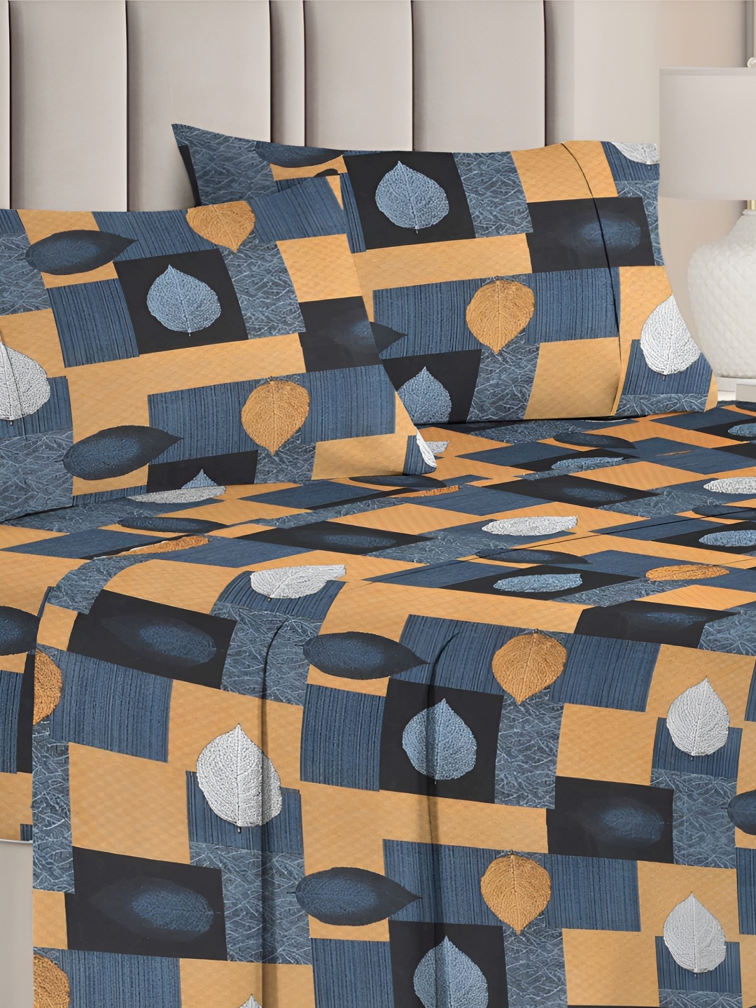

bsb home Grey & Yellow Floral Printed 144 TC Queen Bedsheet with 2 Pillow Covers