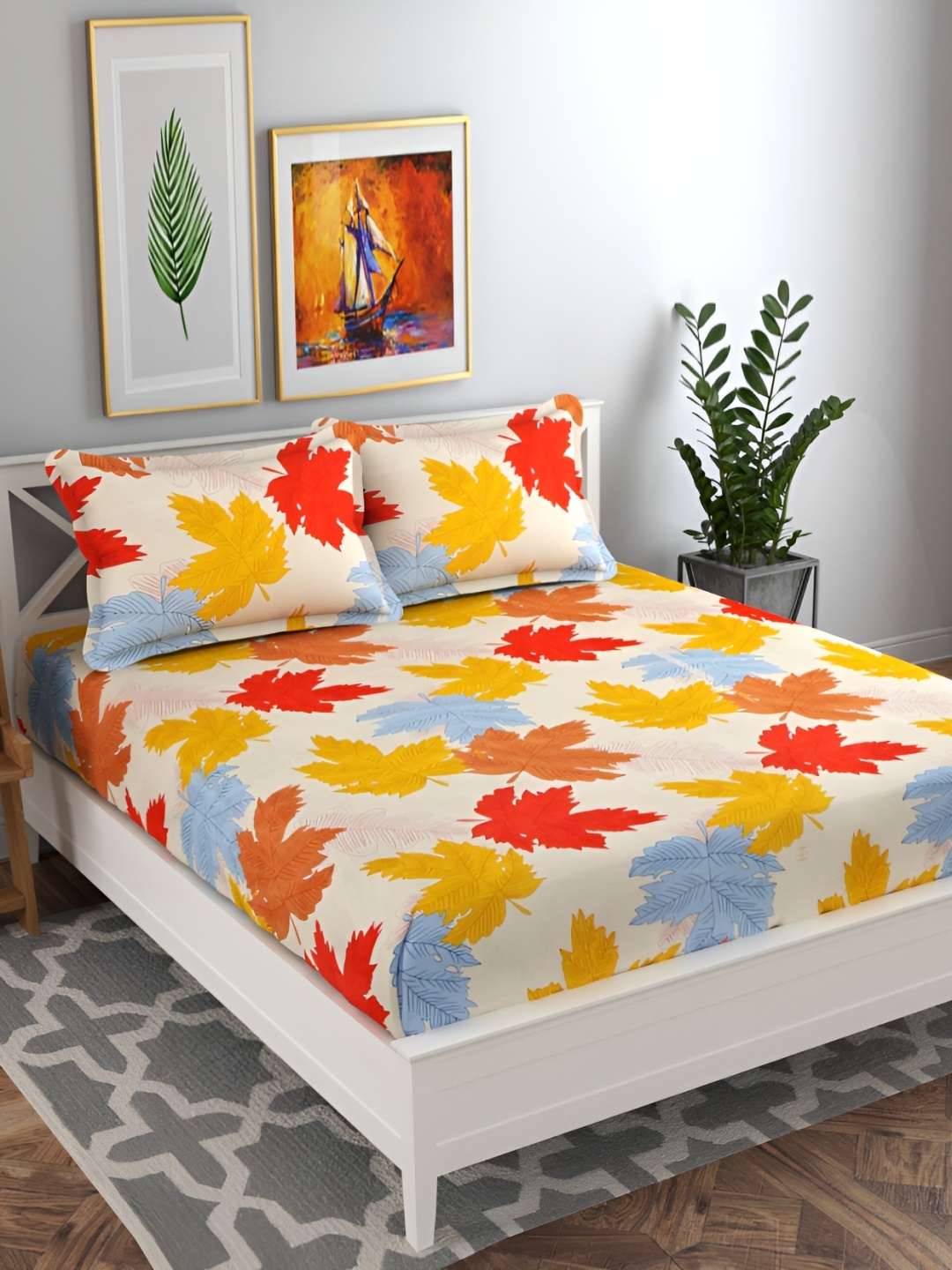

bsb home Yellow & Red Floral Printed 144 TC Queen Bedsheet With 2 Pillow Covers