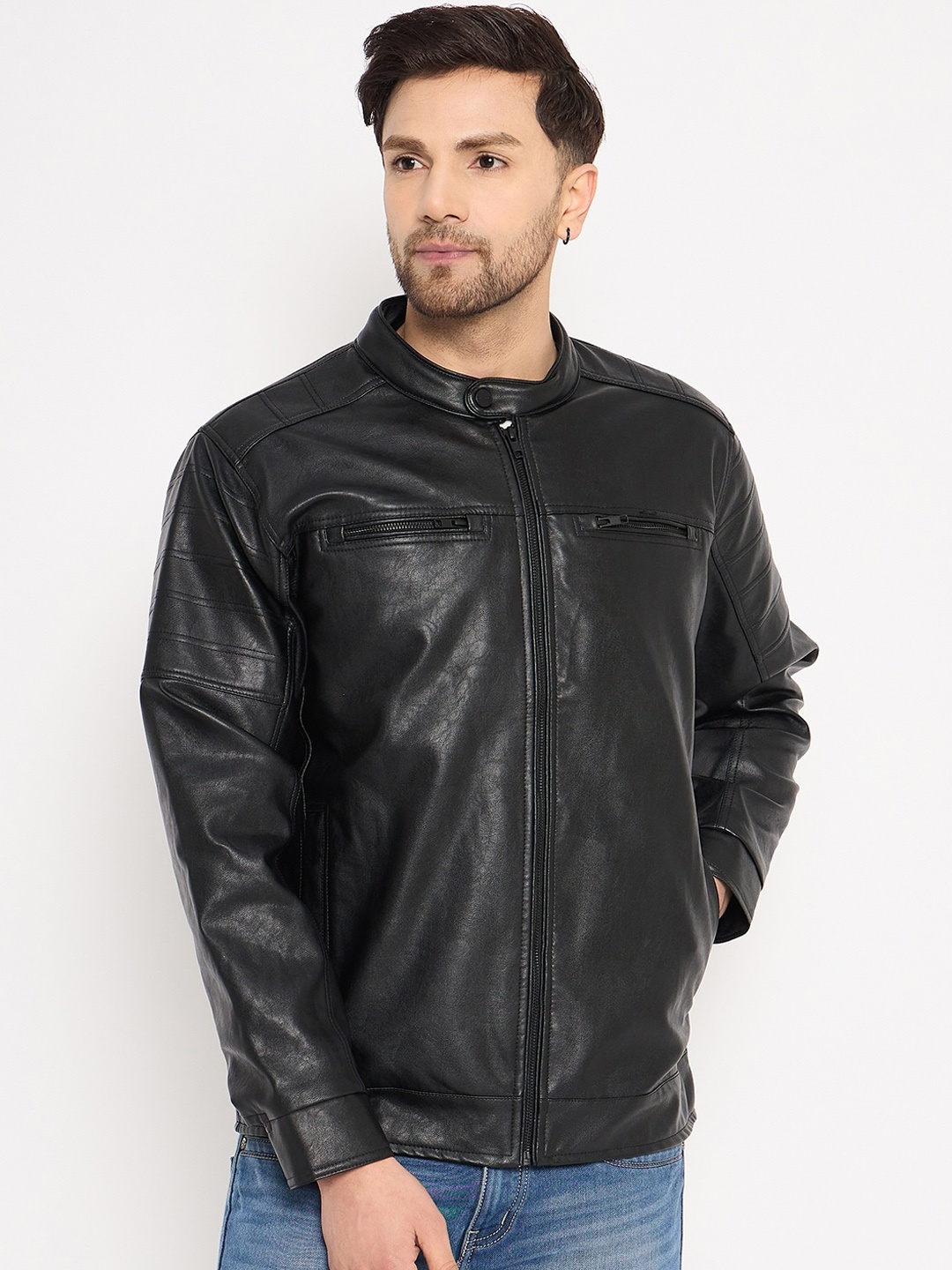 

Okane Stand Collar Leather Biker Jacket, Black