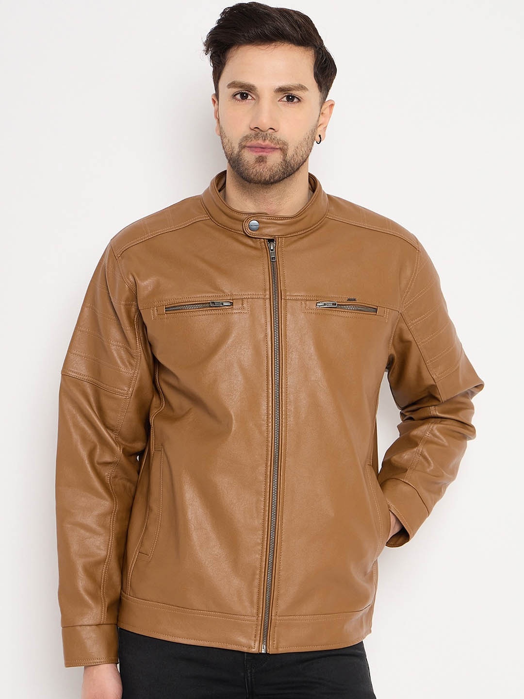 

Okane Long Sleeves Leather Biker Jacket, Tan