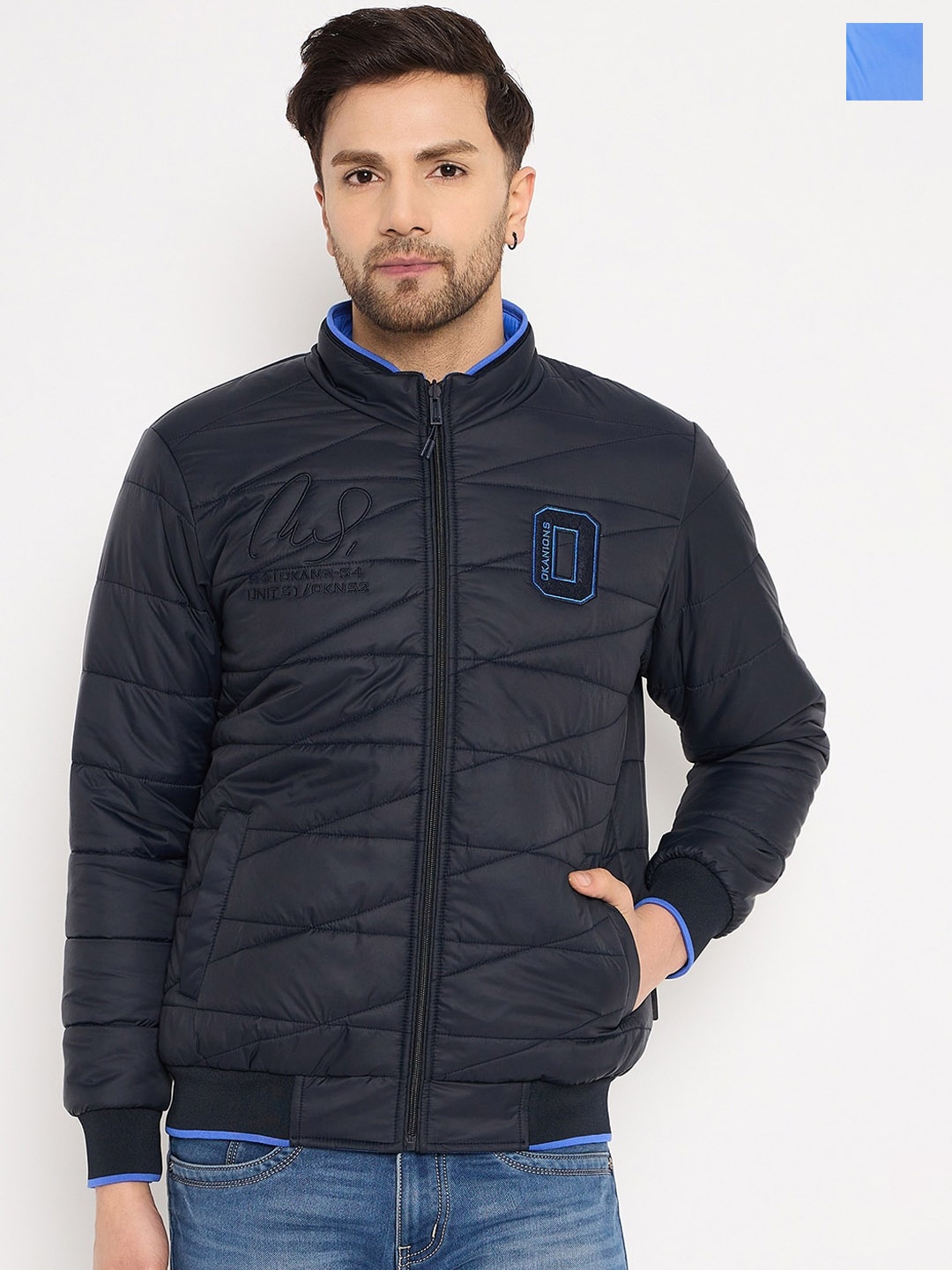 

Okane Colourblocked Reversible Mock Collar Padded Jacket, Navy blue