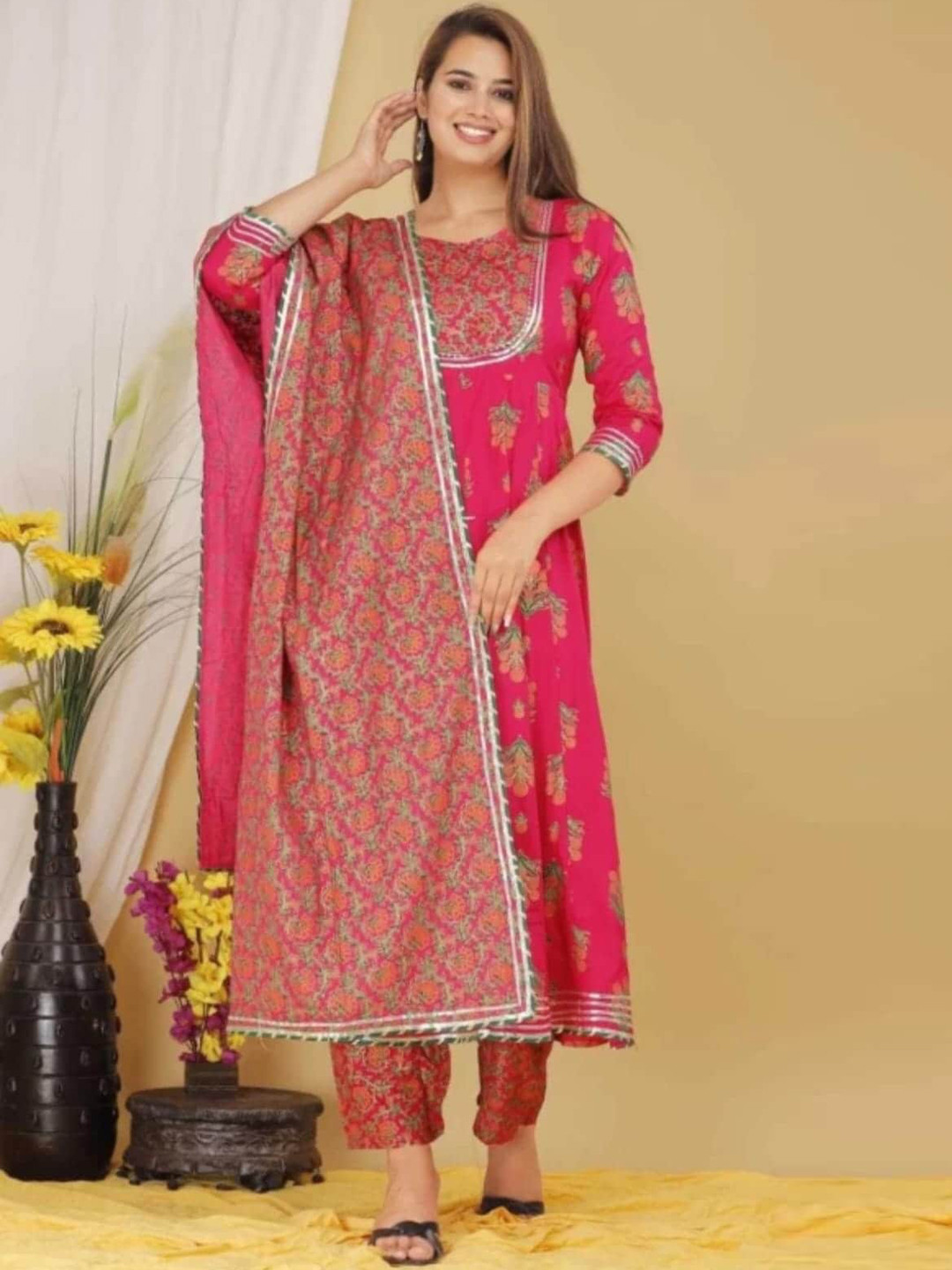 

Kamayra Round Neck Yoke Design Floral Printed A Line Kurta with Trousers & Dupatta, Pink