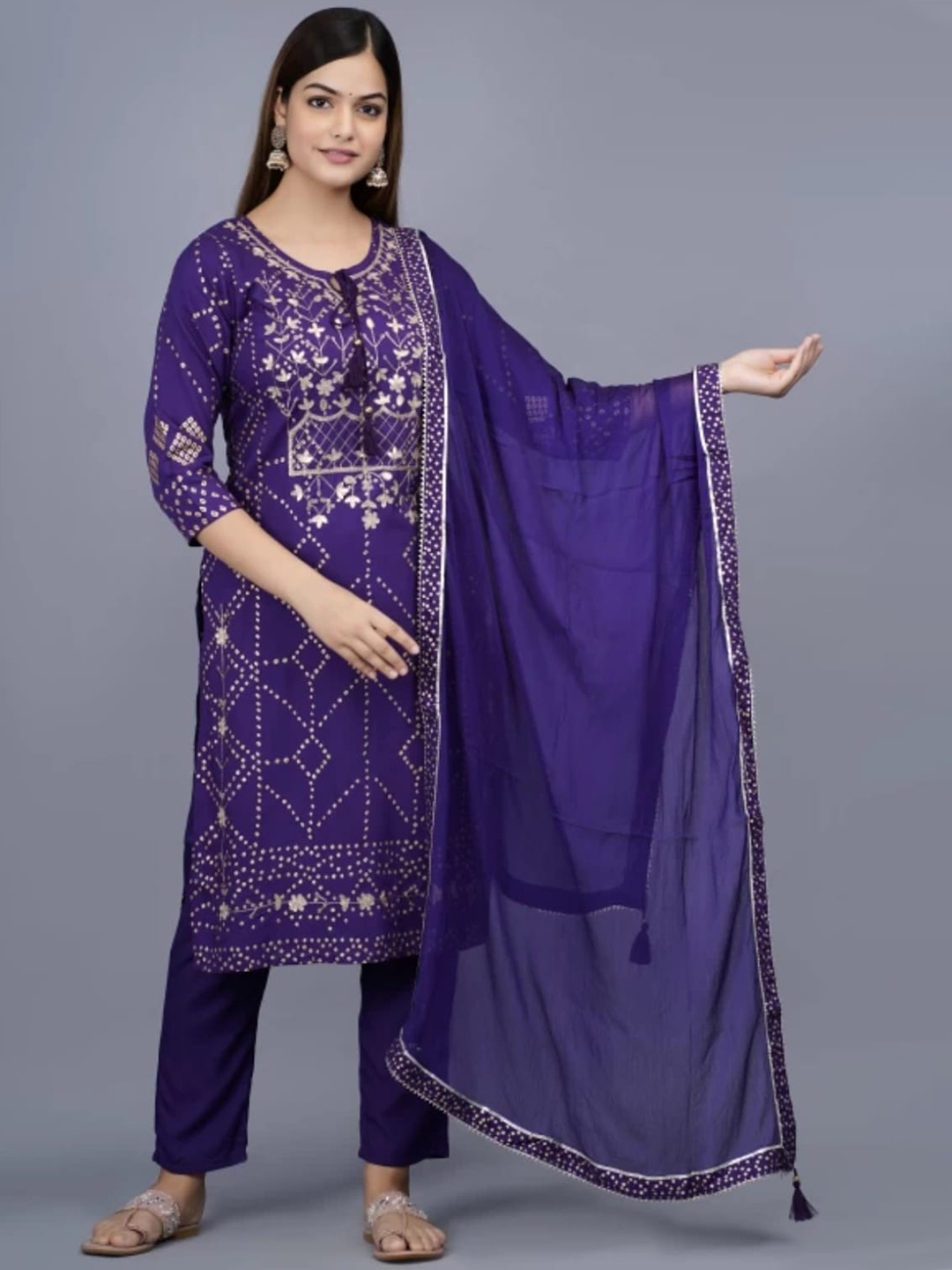 

Kamayra Round Neck Geometric Embroidered Straight Kurta with Trousers & Dupatta, Purple