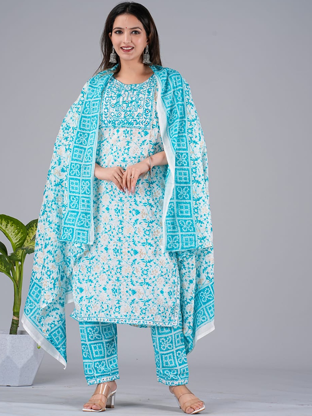 

Kamayra Round Neck Floral Yoke Design Gotta Patti Straight Kurta with Trousers & Dupatta, Turquoise blue