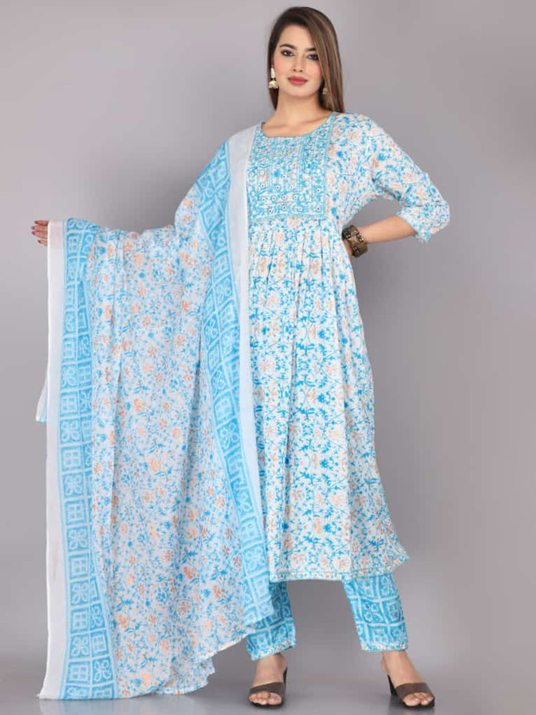 

Kamayra Round Neck Floral Printed Gotta Patti A Line Kurta with Trousers & Dupatta, Turquoise blue