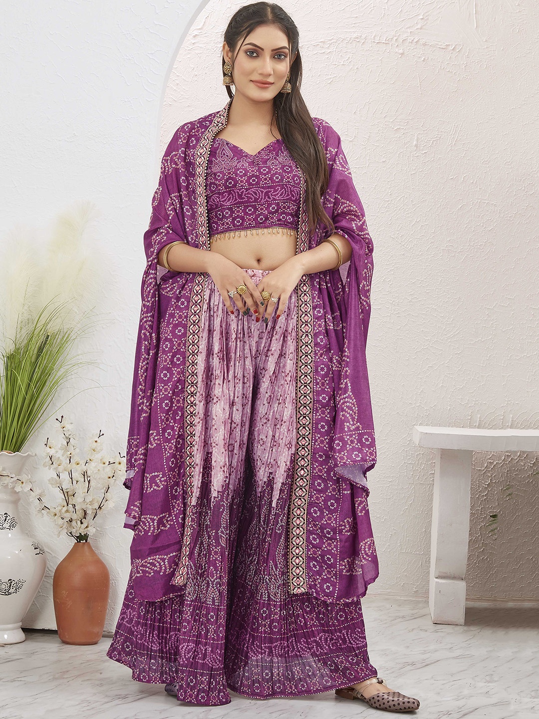 

Chandbaali Printed V-Neck Top With Palazzo & Shrug, Magenta