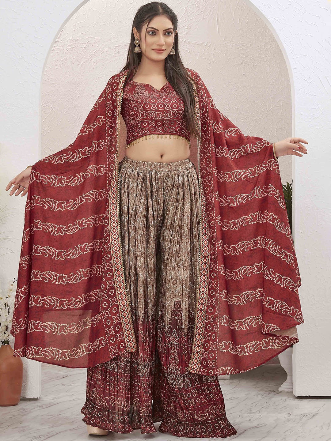 

Chandbaali Printed Halter Neck Sleeveless Ethnic Top Palazzos And Jacket, Maroon