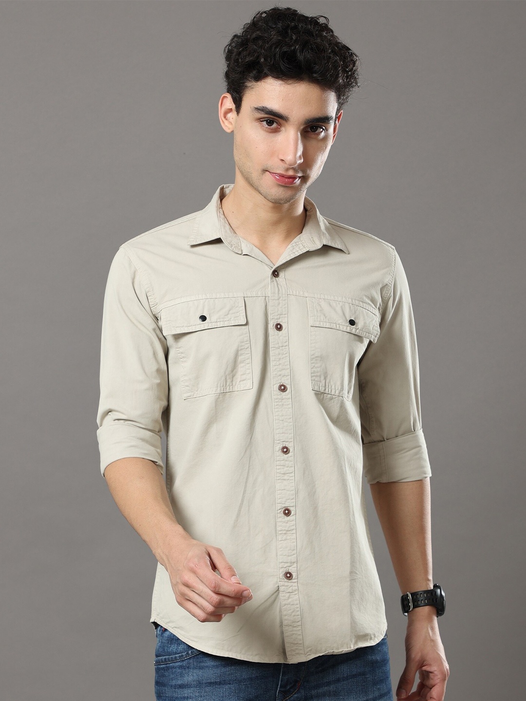 

Reslag Spread Collar Cotton Casual Shirt, Cream