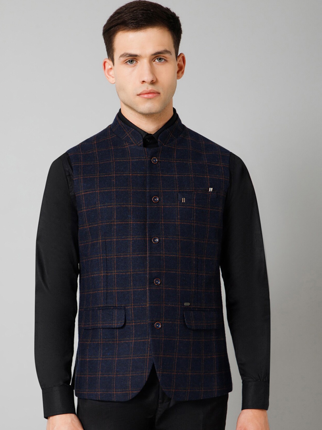 

Cantabil Men Checked Nehru Jacket, Navy blue