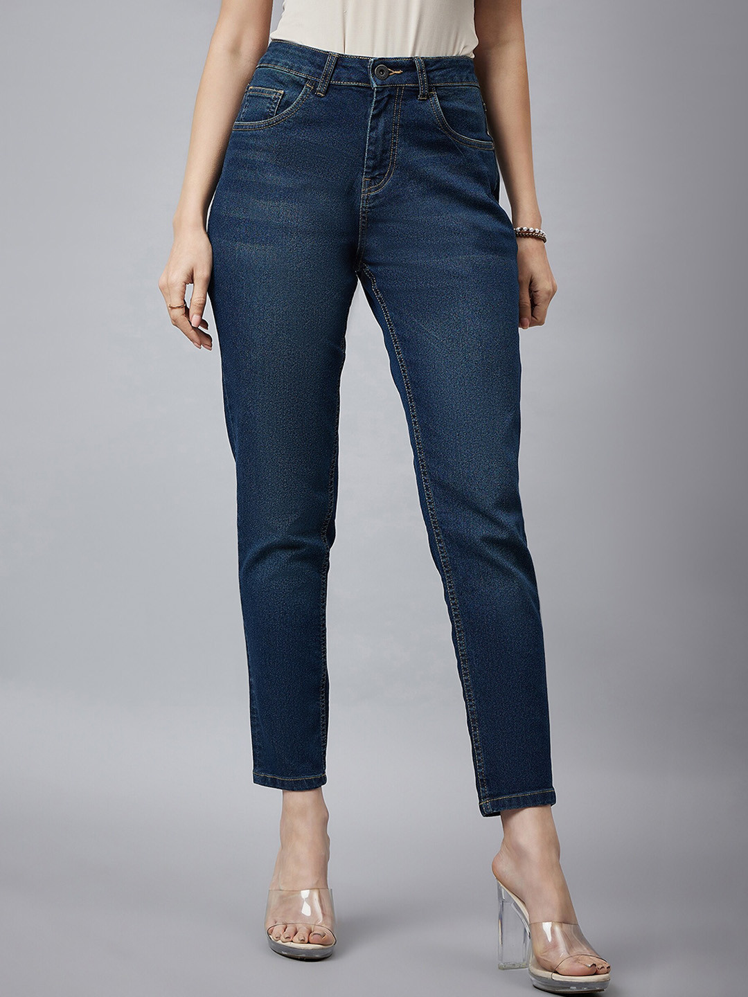 

Chemistry Women Comfort Clean Look High-Rise Mom Fit Cropped Length Stretchable Jeans, Blue