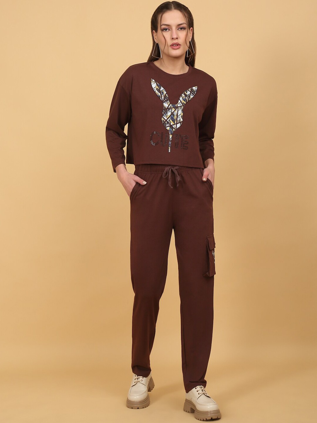 

She N She Graphic Printed T-Shirt With Trouser Co-Ords, Brown