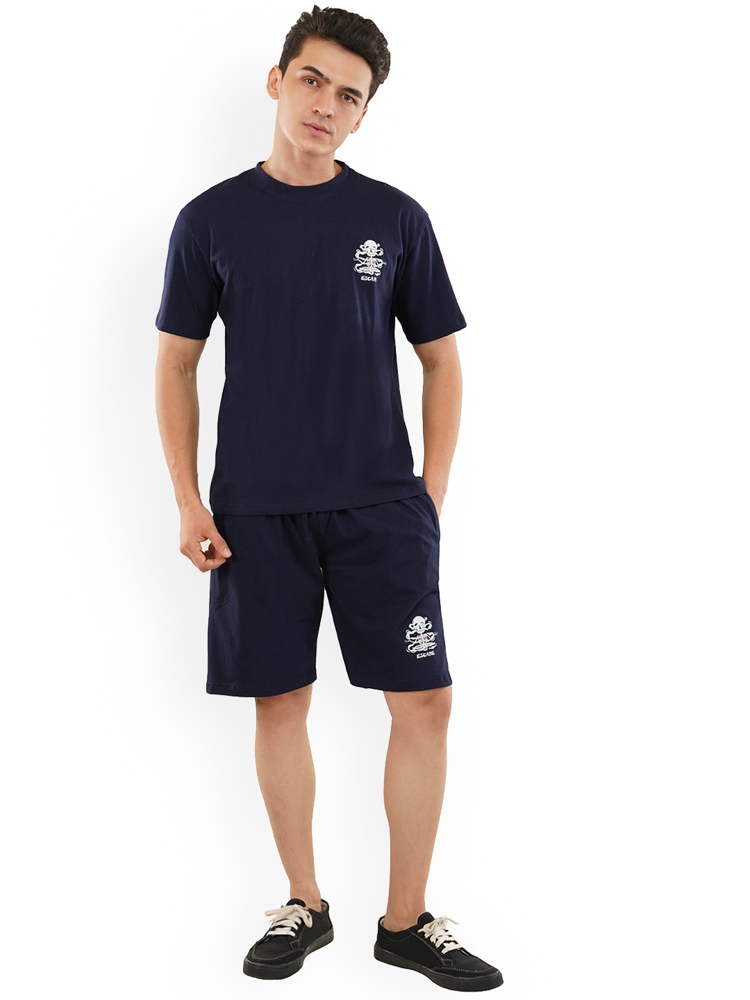 

HILLBERG Round Neck Short Sleeves Pure Cotton T-Shirt With Shorts, Navy blue