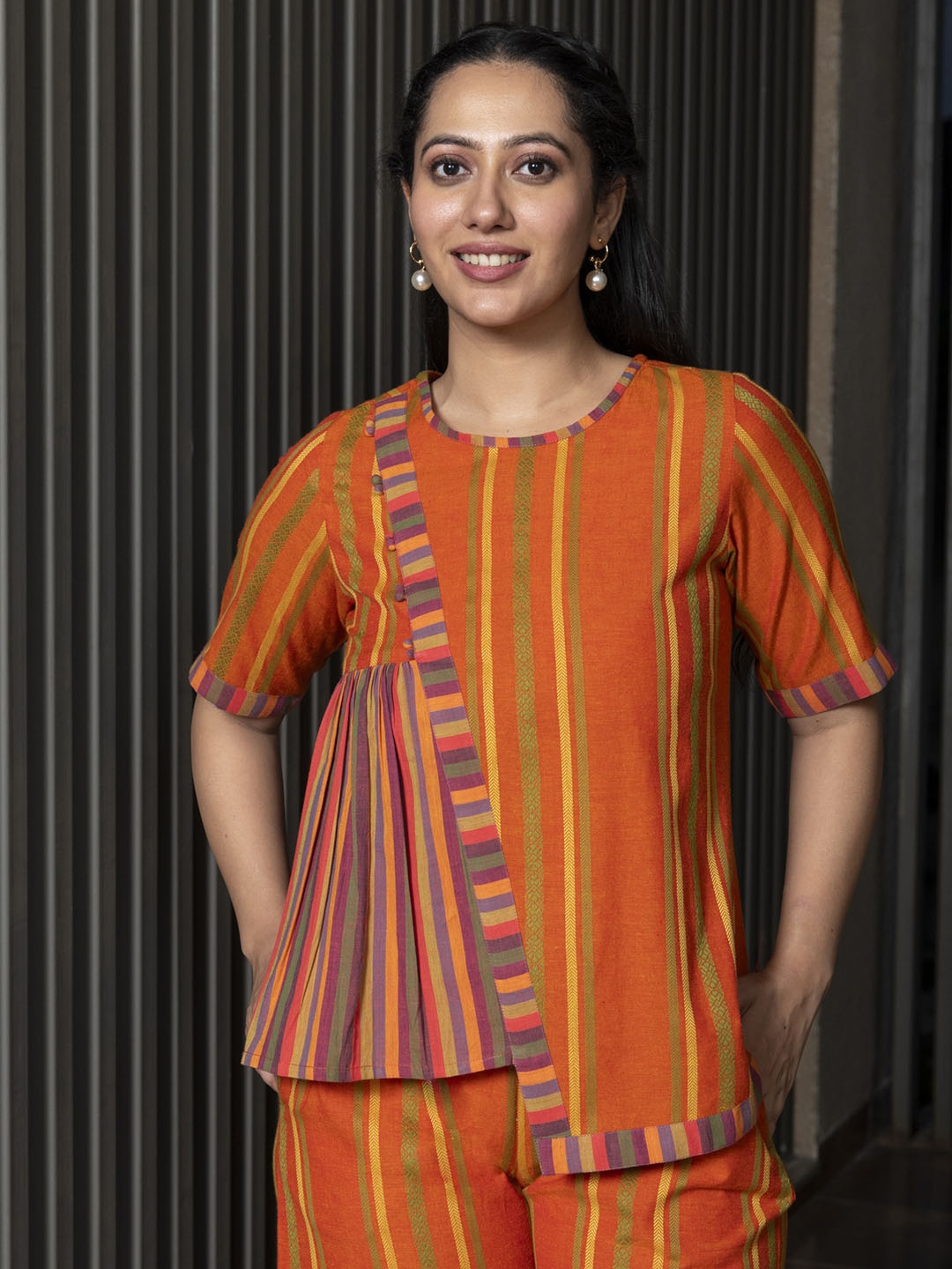 

Aaheli Striped Pure Cotton Top & Trouser Co-Ords, Orange