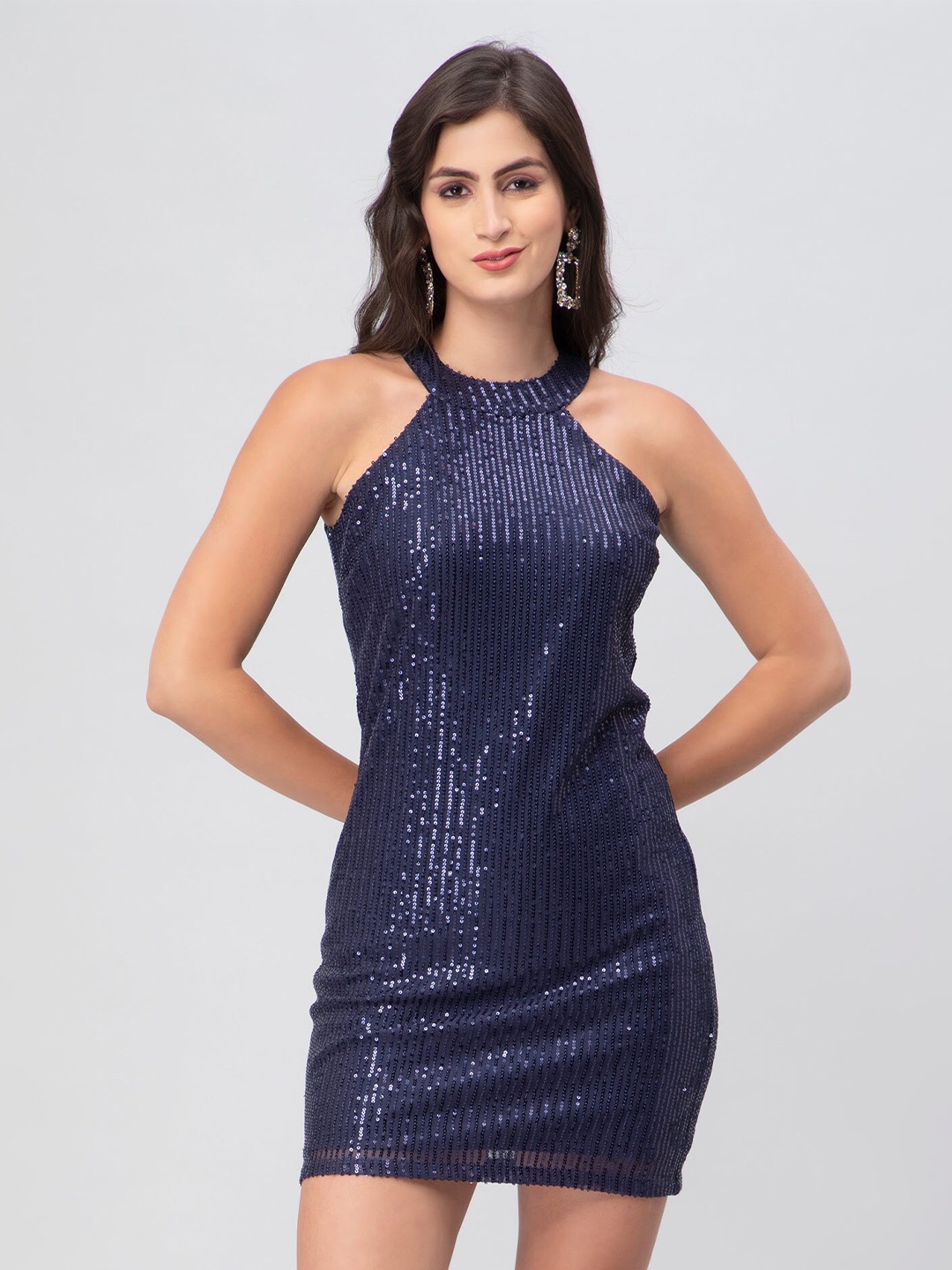 

DEBONATELLA Embellished Round Neck Above Knee Bodycon Party Dress, Navy blue