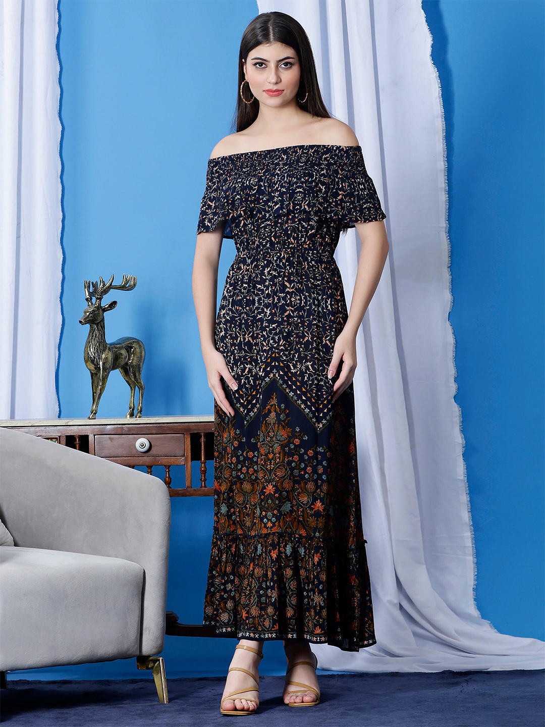 

DEBONATELLA Floral Printed Off-Shoulder Maxi Party Dress, Navy blue