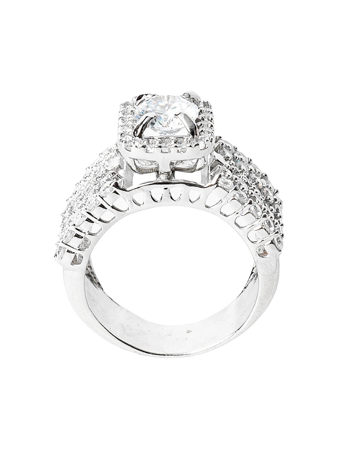 

925 SILLER Sterling Silver Rhodium-Plated Cubic Zirconia Studded Adjustable Finger Ring