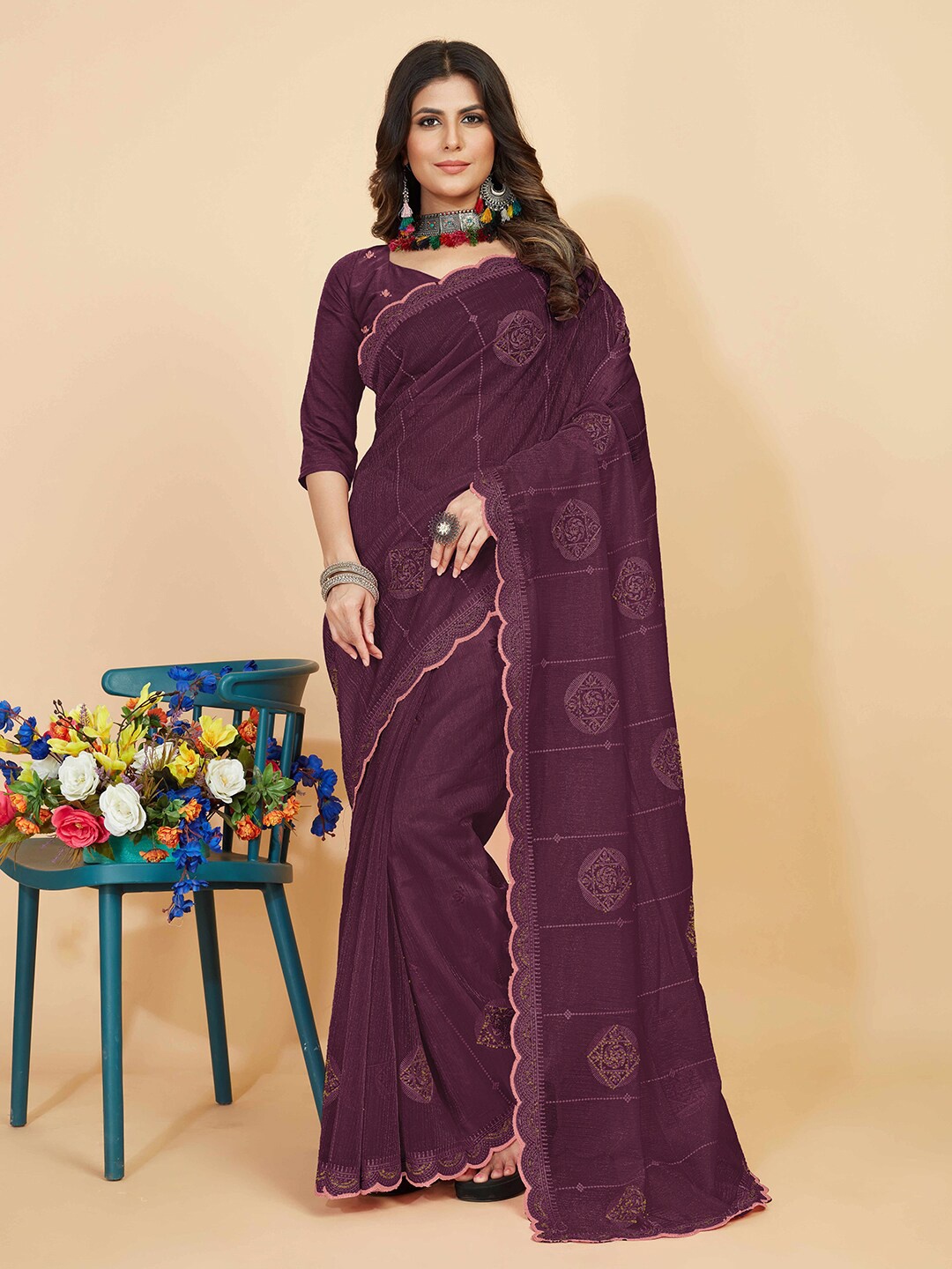 

Kasak Ethnic Motifs Embellished Beads and Stones Saree, Purple