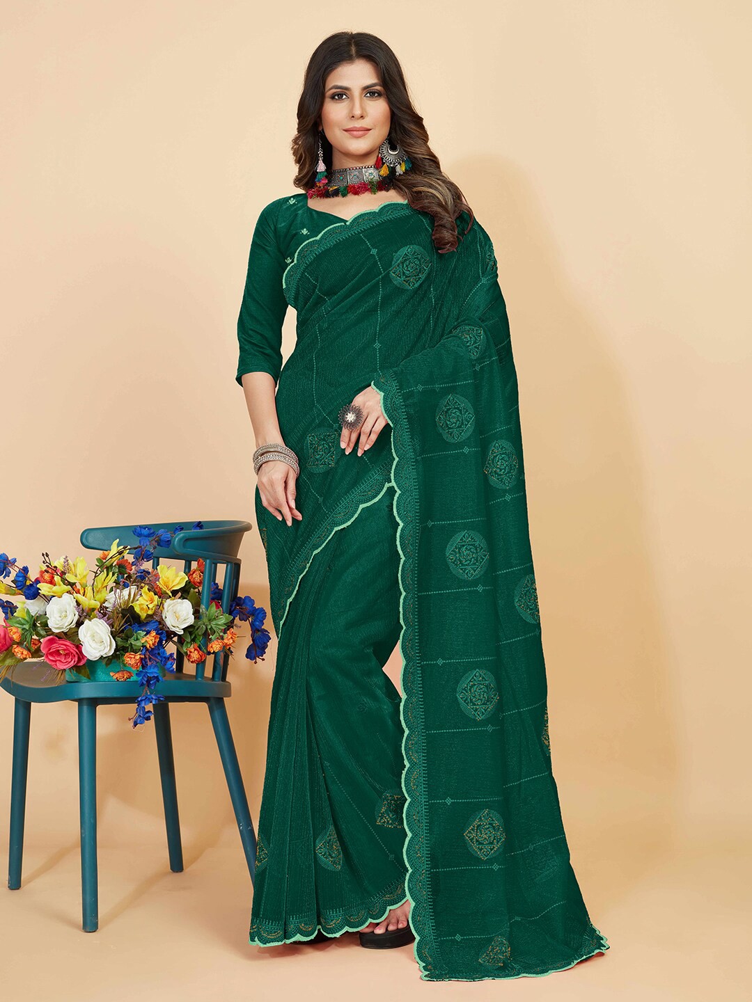 

Kasak Ethnic Motifs Organza Embroidered Saree, Green