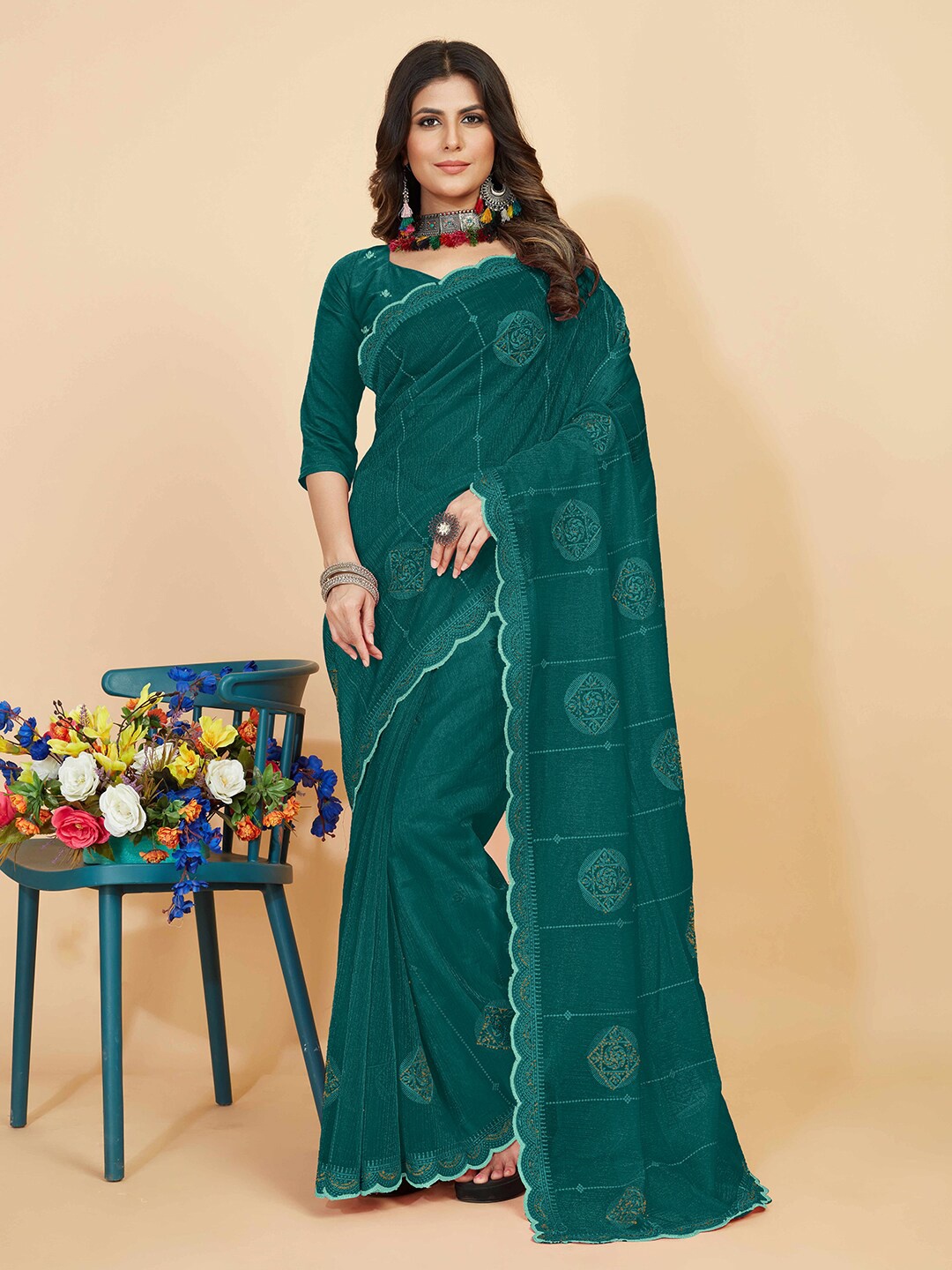 

Kasak Ethnic Motifs Embroidered Saree, Turquoise blue