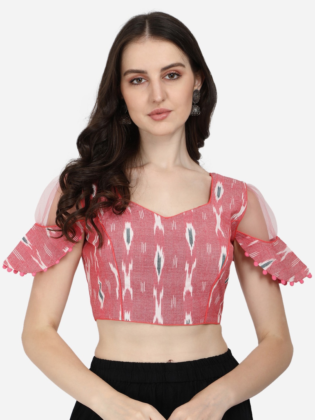 

Bhavyam Ikkat Printed V Neck Cotton Blouse, Pink