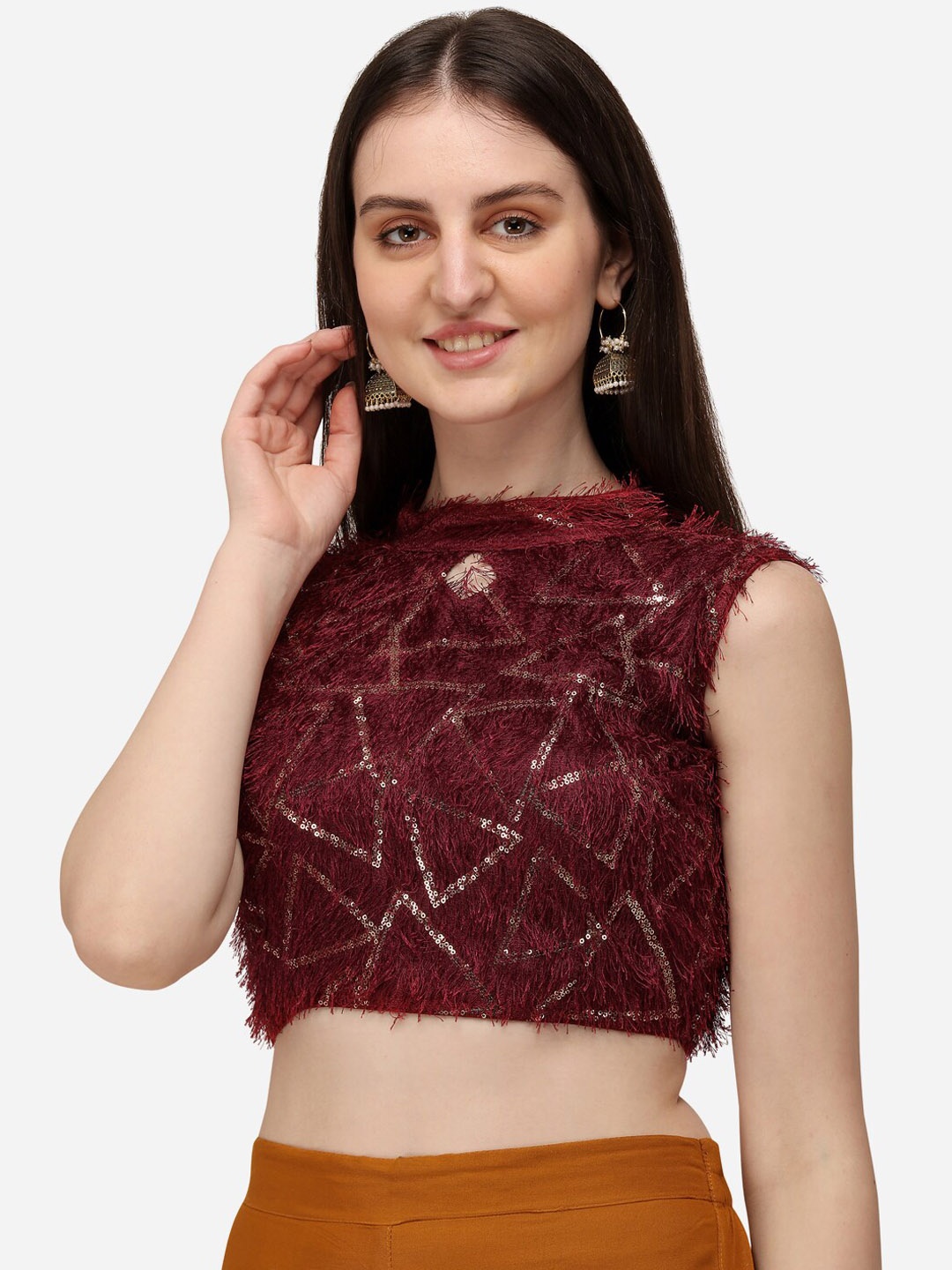 

Bhavyam Embellished High Neck Silk Saree Blouse, Red