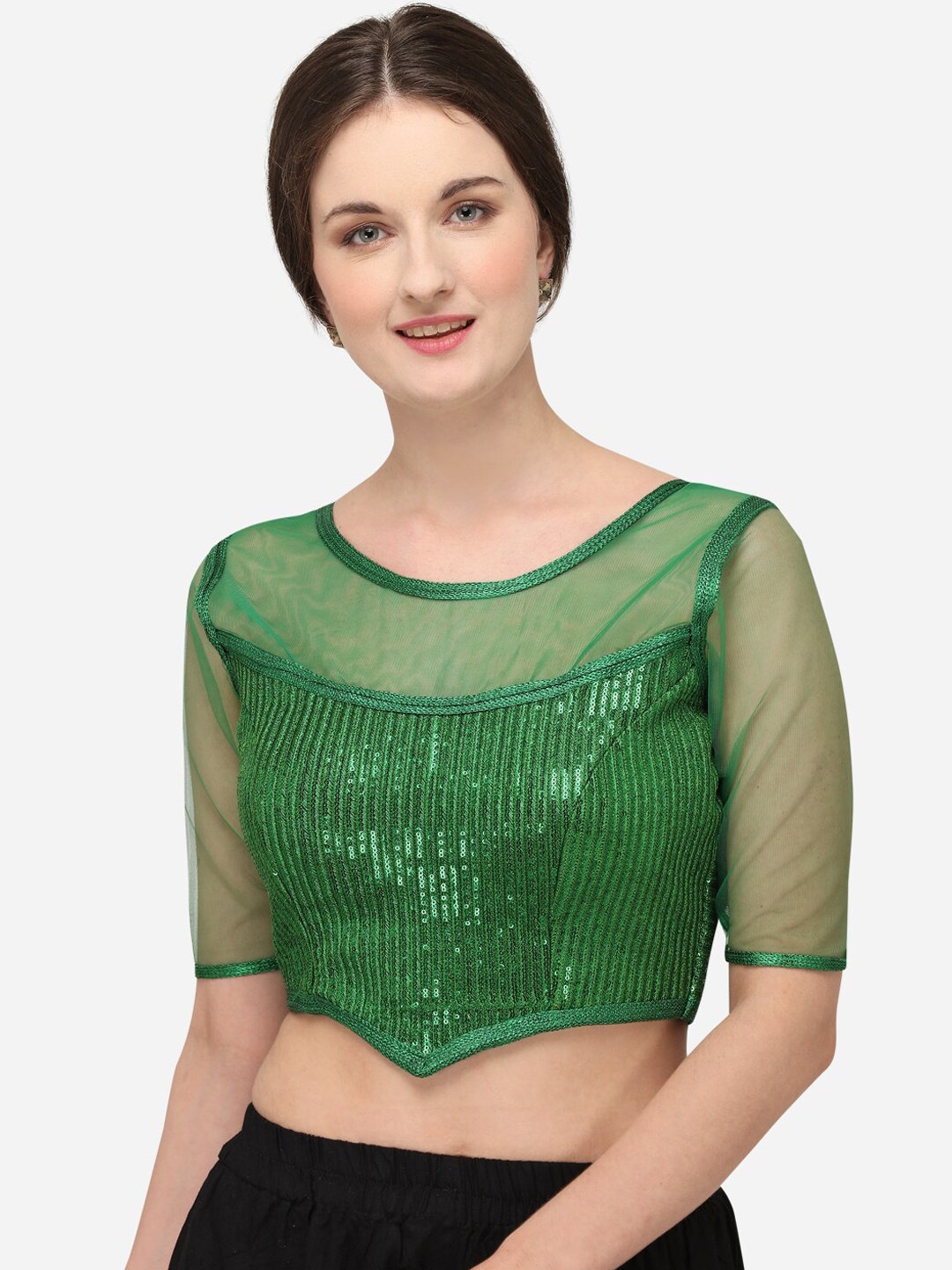 

Bhavyam Sequins Embellished Georgette Round Neck Saree Blouse, Green