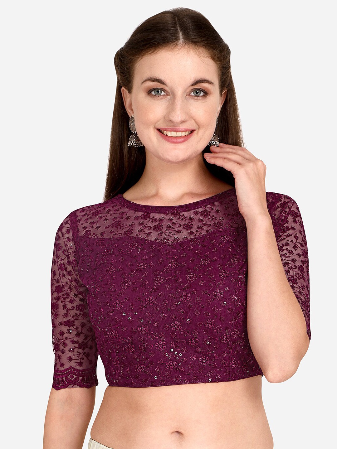 

Bhavyam Floral Embroidered Sequinned Boat Neck Net Saree Blouse, Purple