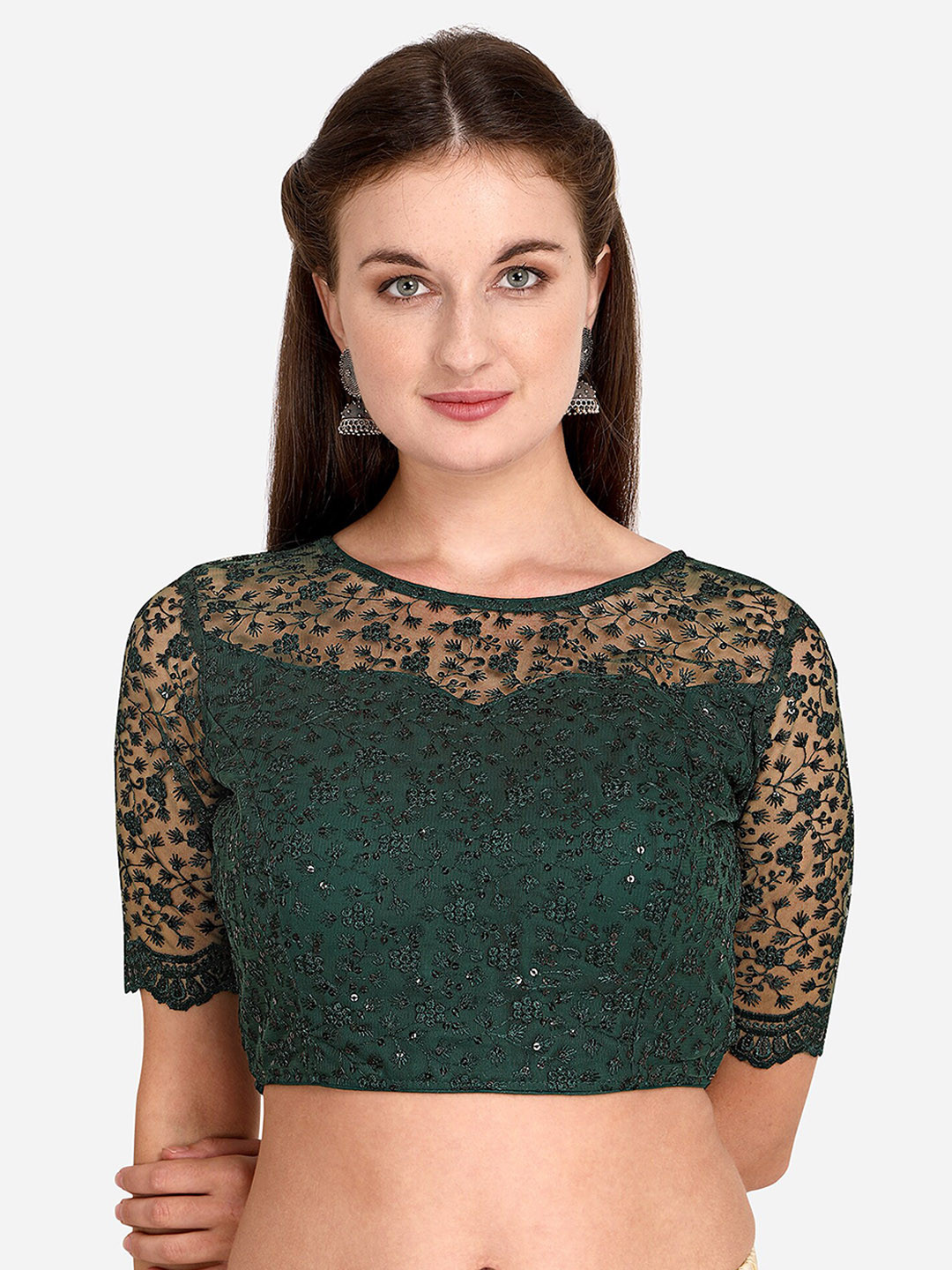 

Bhavyam Floral Embroidered Boat Neck Saree Blouse, Green